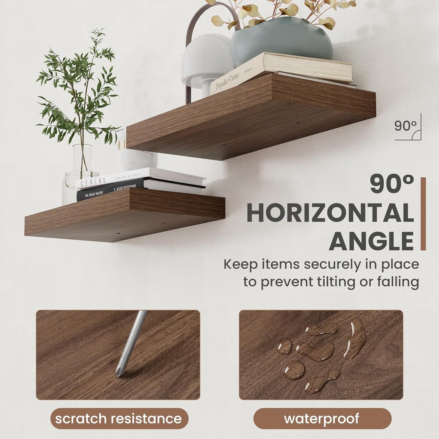 16 Inch Floating Shelves, 8 Inch Deep Floating Shelves for Wall, Hanging Shelf with Invisible Brackets, Deep Shelves for Bathroom, Bedroom, Living Room, Walnut, Set of 2