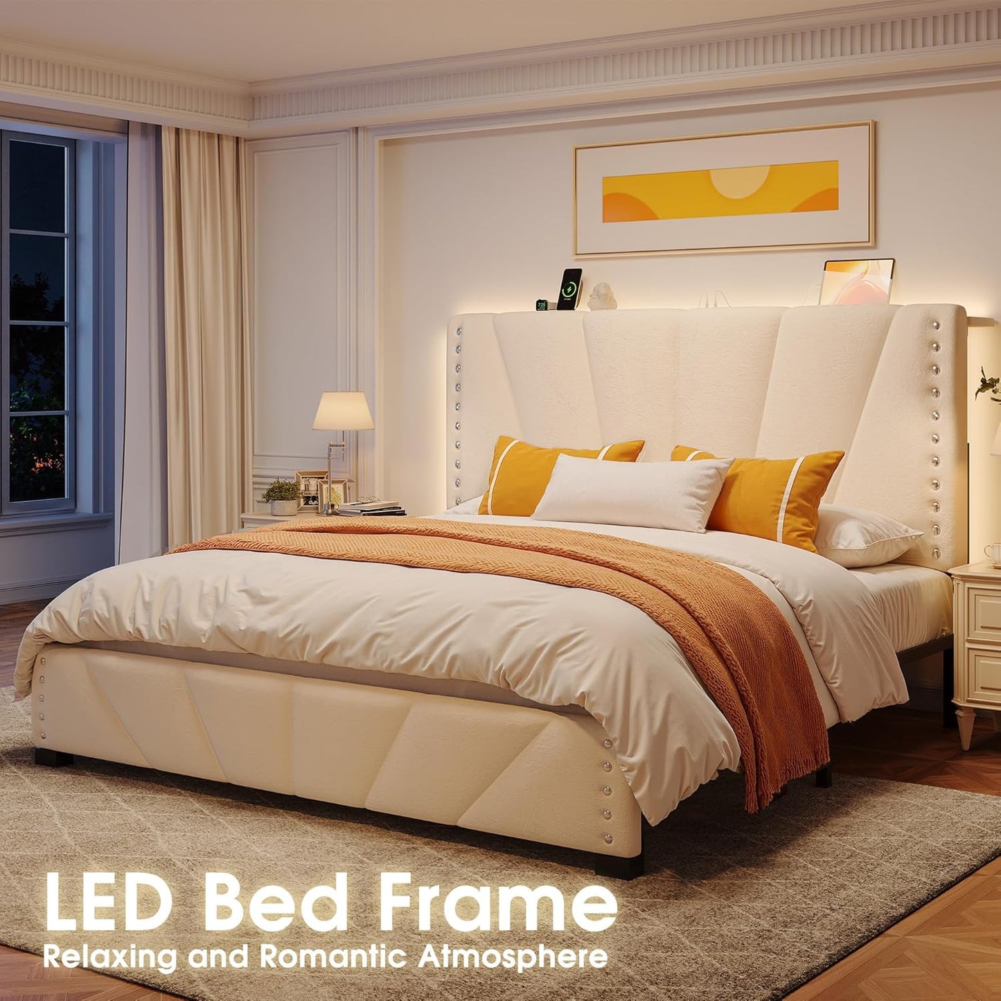EnHomee Queen Bed Frame, Velvet Bed Frame with Headboard and Led Light, Platform Bed Frame for Bedroom Apartment, Dorm, Noise-Free, Easy Assembly, Beige
