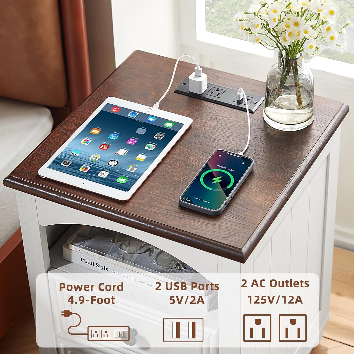18" Farmhouse Night Stand with Charging Station, White Wood Nightstand with 2 Drawers, Bedside End Table with Shelf Storage, Bed Side Tables Cabinet for Bedroom, Living Room, and Closet