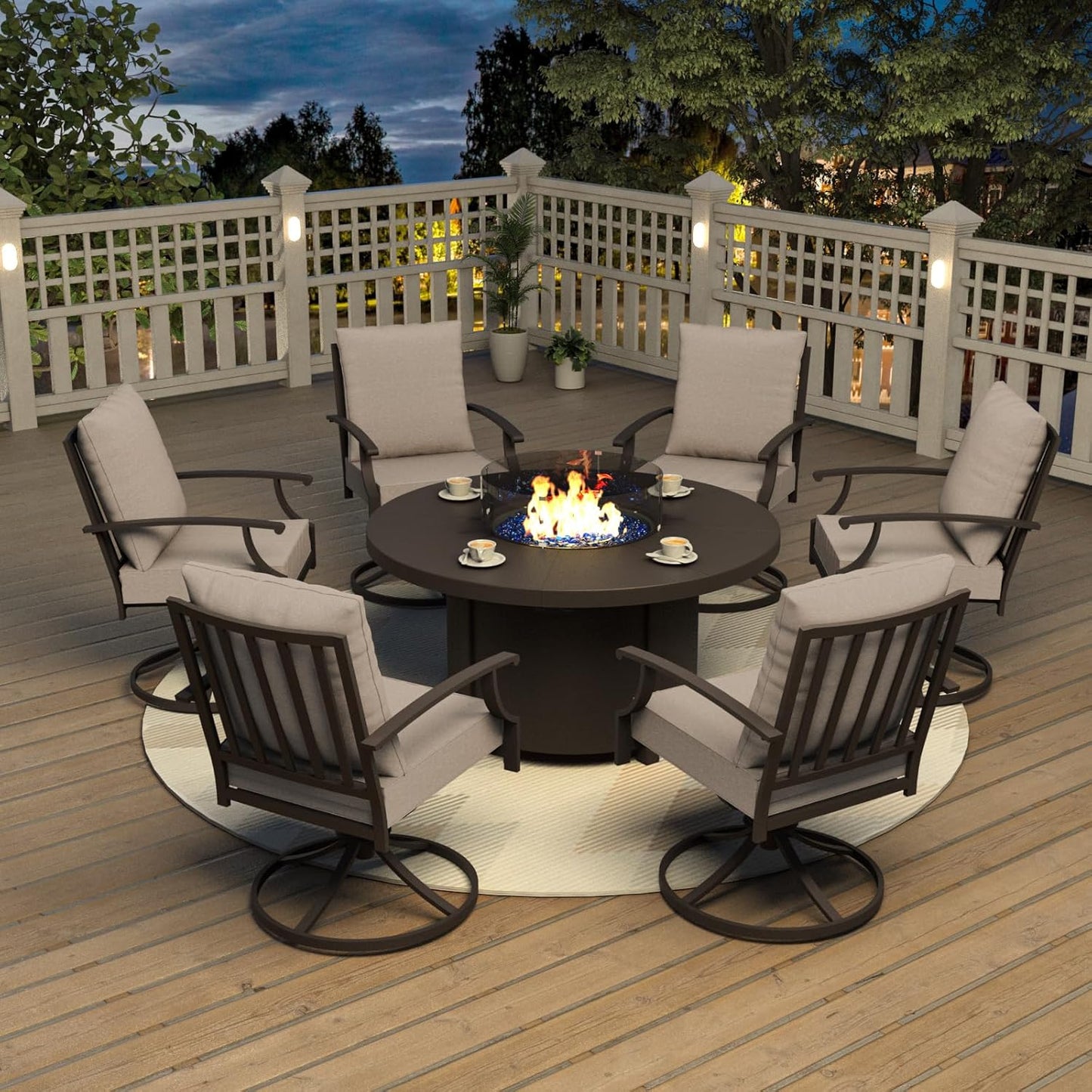 Kurapika 7 Piece Metal Outdoor Patio Furniture Set with Round Fire Pit Table, Patio Conversation Sets 6 Swivel Chairs with Thick Cushion and 40000 BTU Fire Pit Table, Sand