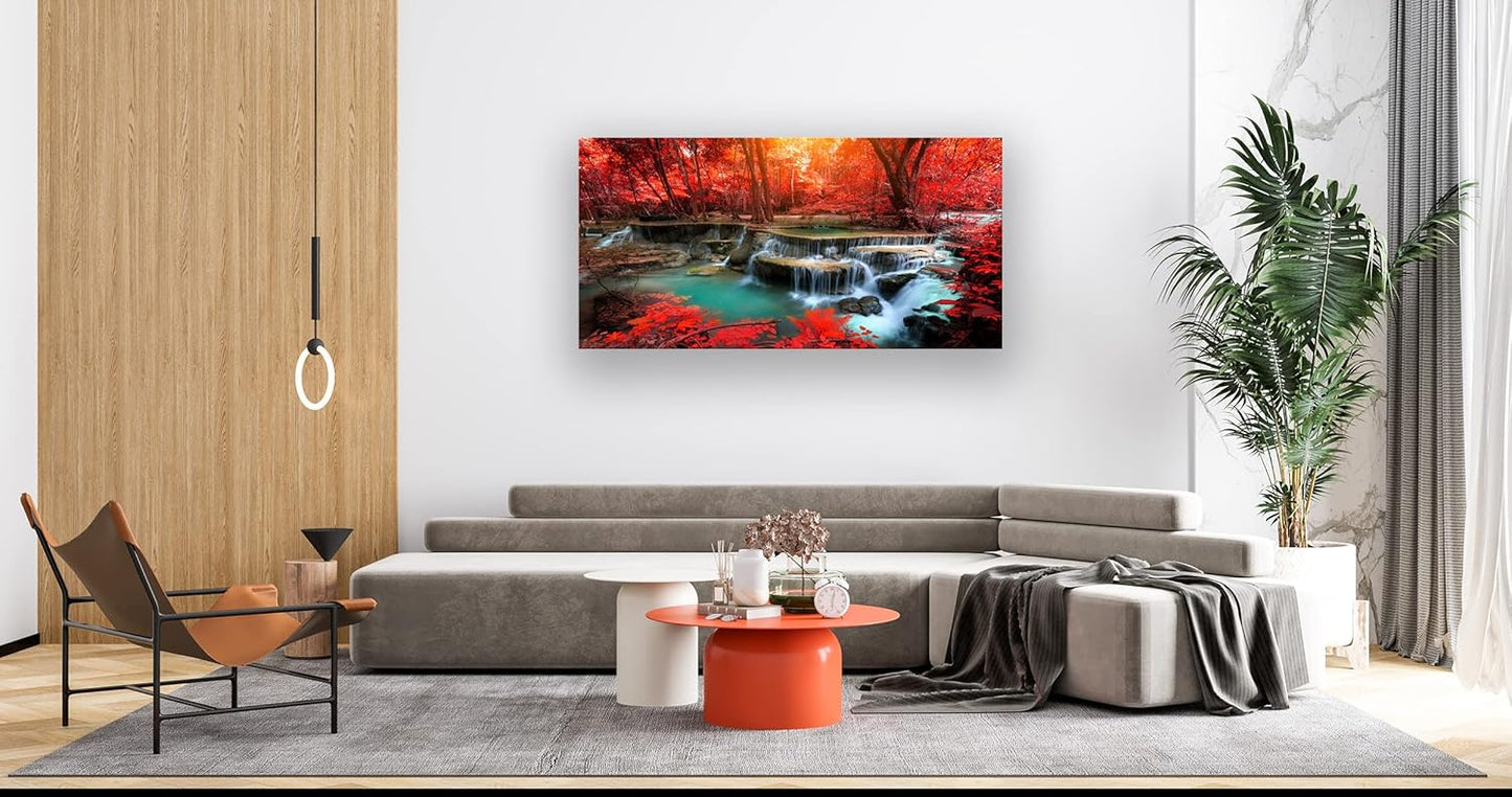 Muolunna BK03950 Wall Art Decor Canvas Print Picture Red Forest Waterfalls 1 Piece Modern Landscape Tree for Living Room Bedroom Kitchen Office Home Decorations Stretched and Framed Ready to Hang