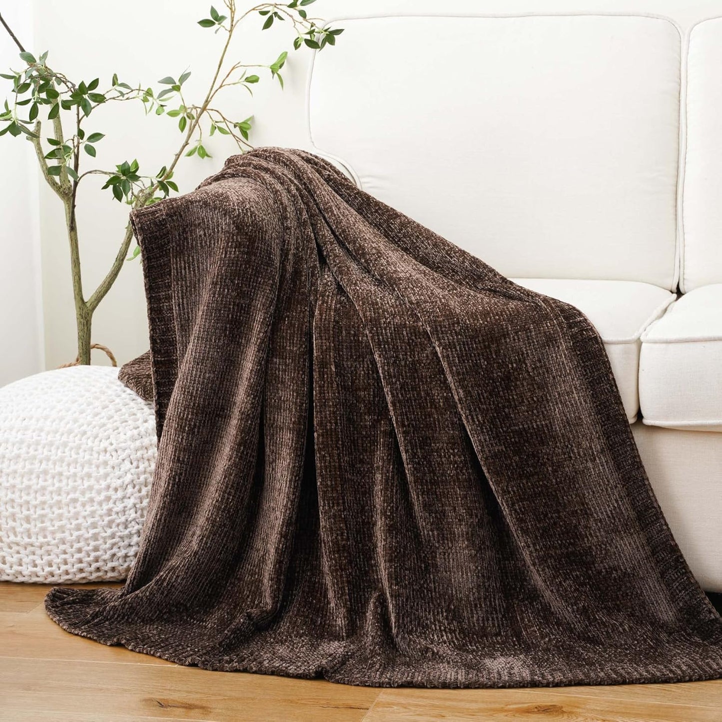 BATTILO HOME Dark Brown Throw Blanket for Couch, Soft Chenille Throw Blankets for Bed, Sofa, Home Decorative Chocolate Brown Throw Blanket, Knitted Cozy Brown Blanket, 51"x67"