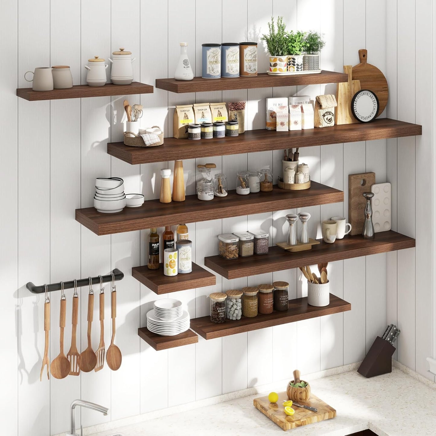 Floating Shelves for Wall with Invisible Brackets, Wall Mounted Engineered Wood Shelves with Wood Grain for Living Room, Bedroom, Bathroom, Kitchen Decor and Storage, Oak, 40"L Set of 2, Walnut