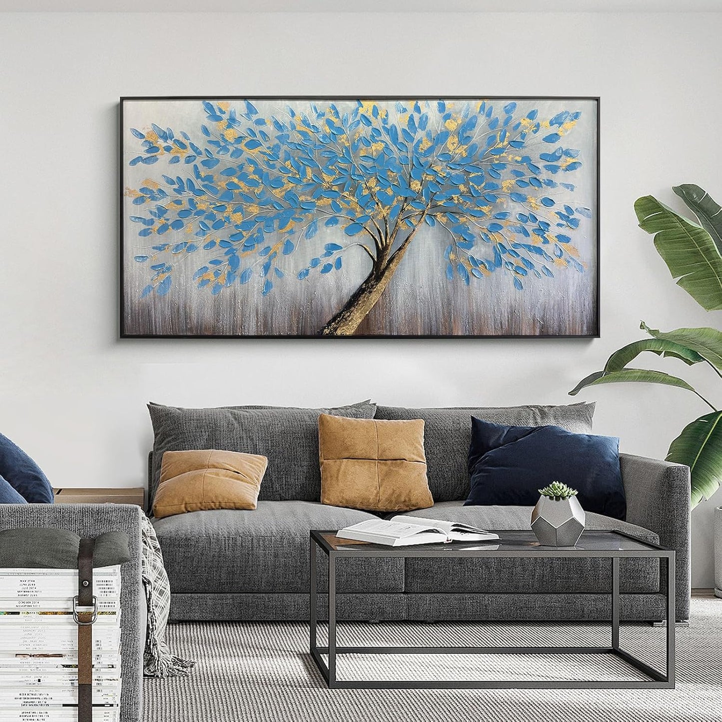 Blue Tree of Life Canvas Wall Art, Modern Abstract Textured Painting, Large Wall Art Framed Panoramic Landscape Artwork for Living Room, Bedroom, Office, Home Decor 48"x24"