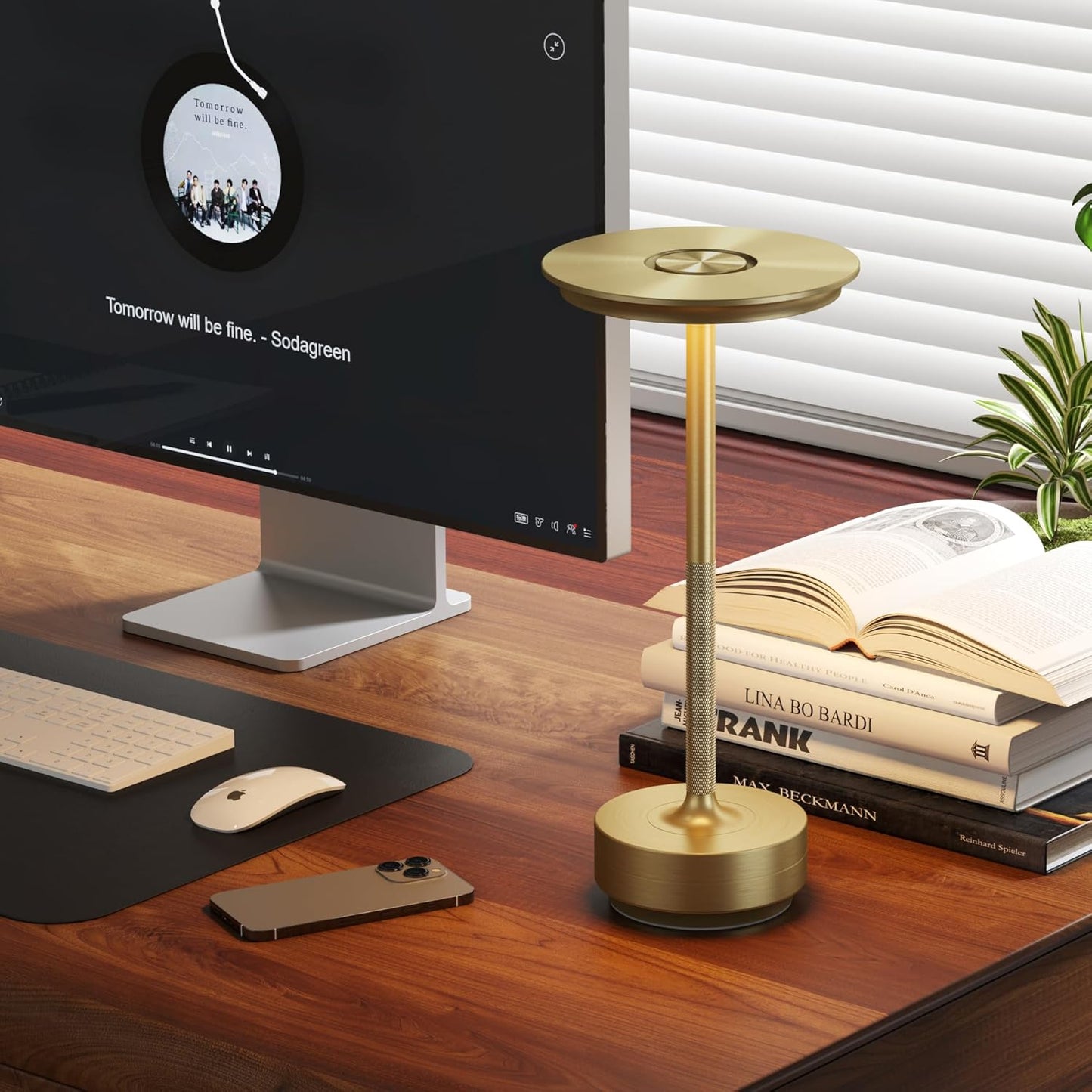 Cordless LED Table Lamp,Portable Rechargeable USB-C Battery Operated Table Lights IP54 Waterproof 3 Levels Brightness Light with Memory Function,for Terrace, Western Restaurant, Cafe(Gold)