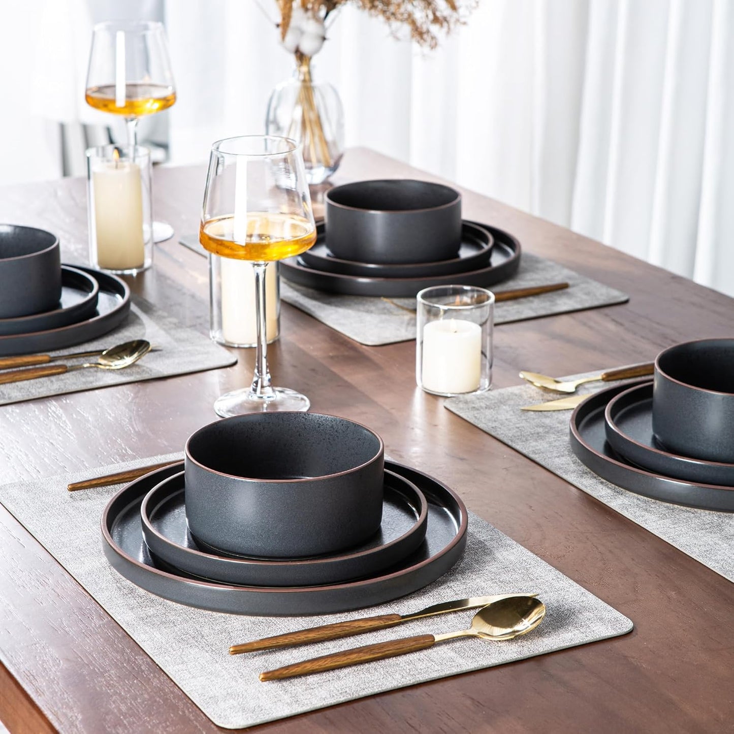 LERATIO Ceramic Dinnerware Sets of 4, High Edge Stoneware Plates and Bowls Set, Chip and Crack Resistant | Oven & Dishwasher & Microwave Safe Dishes Set, Service for 4 -Ashen