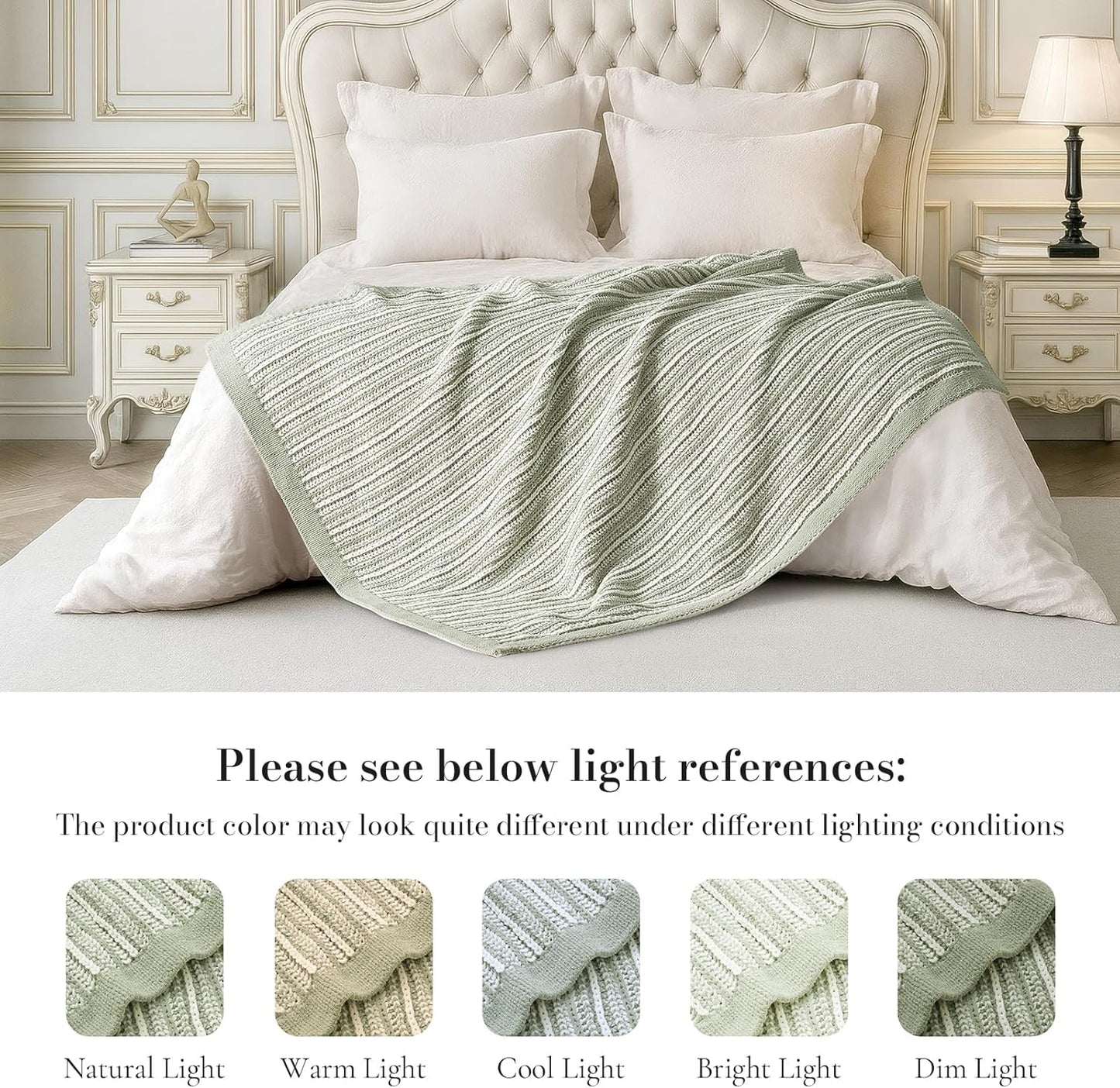 Amélie Home Striped Knit Throw Blanket for Couch, Dual-Sided Soft Chenille Decorative Blankets for Sofa & Chair, 50"x60", Sage Green & White