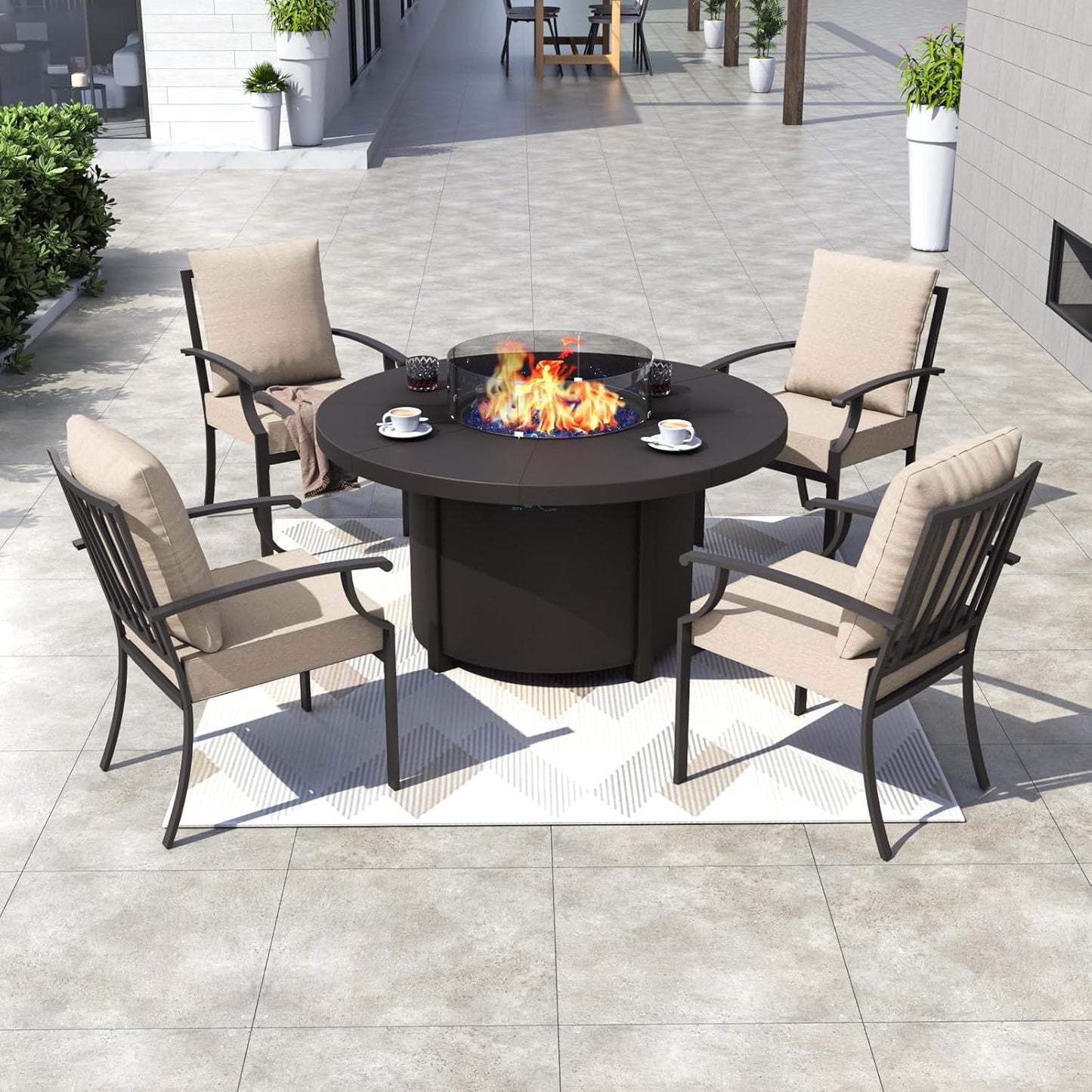 Kurapika 5 Piece Metal Outdoor Patio Furniture Set with Round Fire Pit Table, Patio Conversation Sets 4 Fixed Chairs with Thick Cushion and 40000 BTU Fire Pit Table, Sand