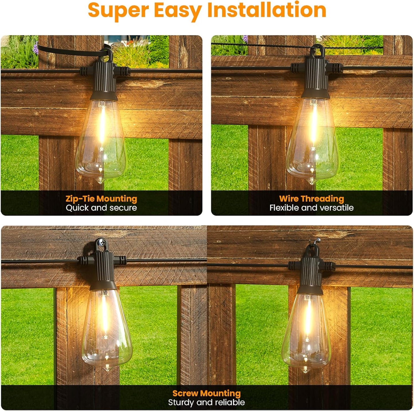 Kawaya Outdoor String Lights for Patio - ST38 Outside IP64 Waterproof Hanging Light with 2700k~6000k Dimmable - 50FT Led Edison Lights for Cafe Bistro Yard Gazebo Porch