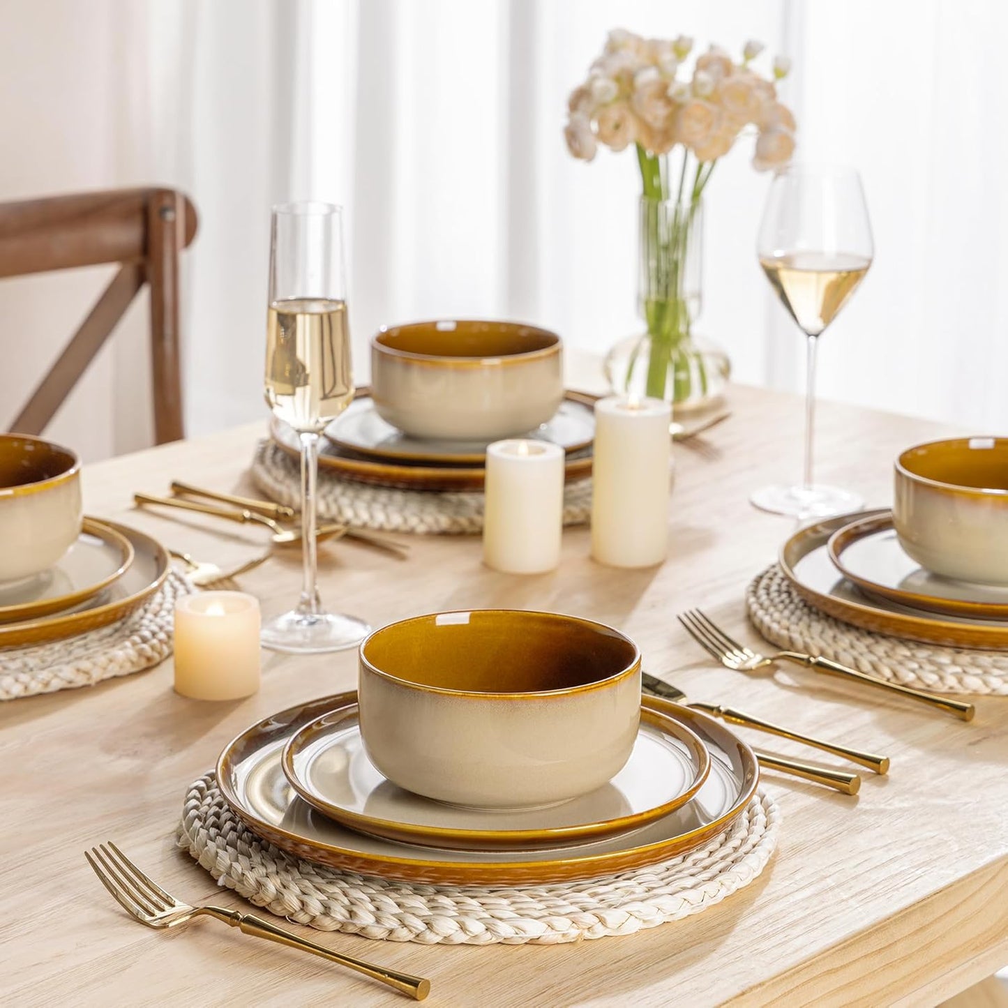 LERATIO Ceramic Dinnerware Sets for 4,16-PieceReactive Glaze Plates and Bowls Set with Mugs,Highly Chip and Crack Resistant | Dishwasher,Microwave & Oven Safe Dishes set-Kahki