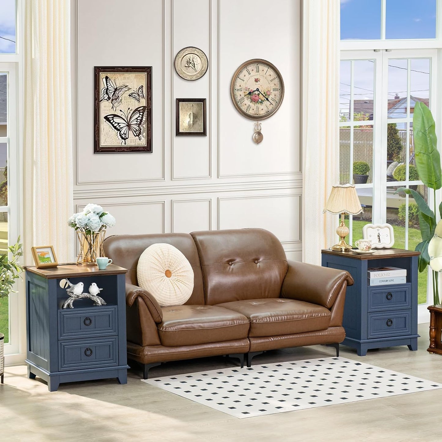 18" Farmhouse Night Stand with Charging Station, 2 Drawers End Table Dresser for Bedroom, Blue Wooden Nightstand, Bed Side Table with Open Shelf, Bedside Cabinet for Living Room, Closet