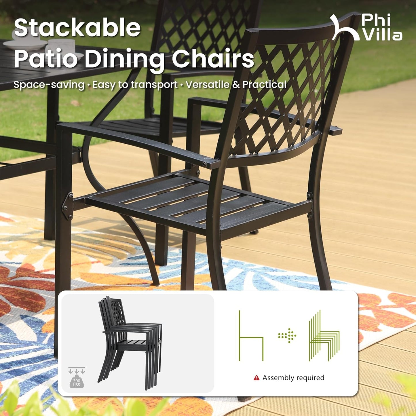 PHI VILLA 9 Pieces Outdoor Dining Set for 8, Expandable Wood-Like Metal Table & Wrought Iron Stackable Chairs, Large Dining Furniture for Patio, Deck, Backyard, Porch