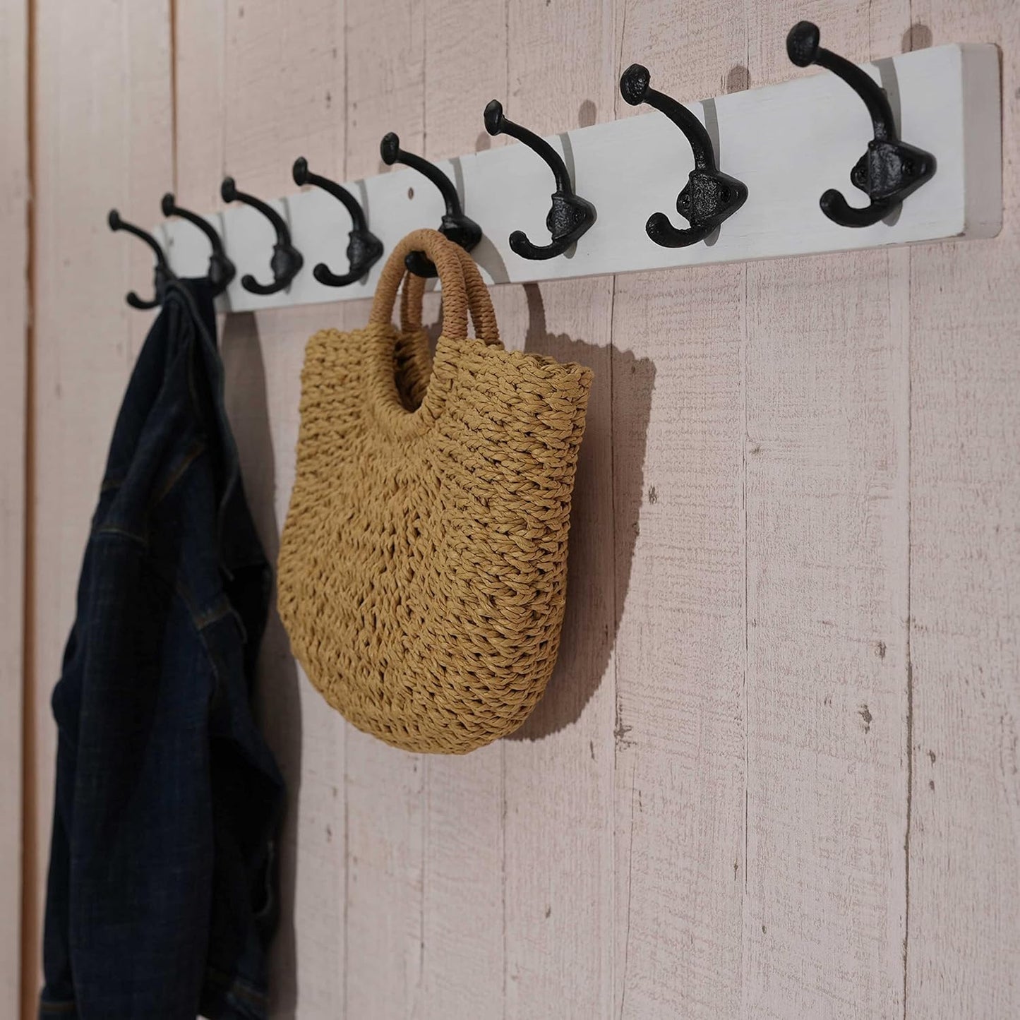 WEBI Rustic Coat Rack Wall Mount,35.43" Long Heavy Duty 8 Cast Iron Coat Hooks Wall Mounted Coat Hanger Hooks for Hanging Coats,Clothes,Jacket,Black on White,2 Packs