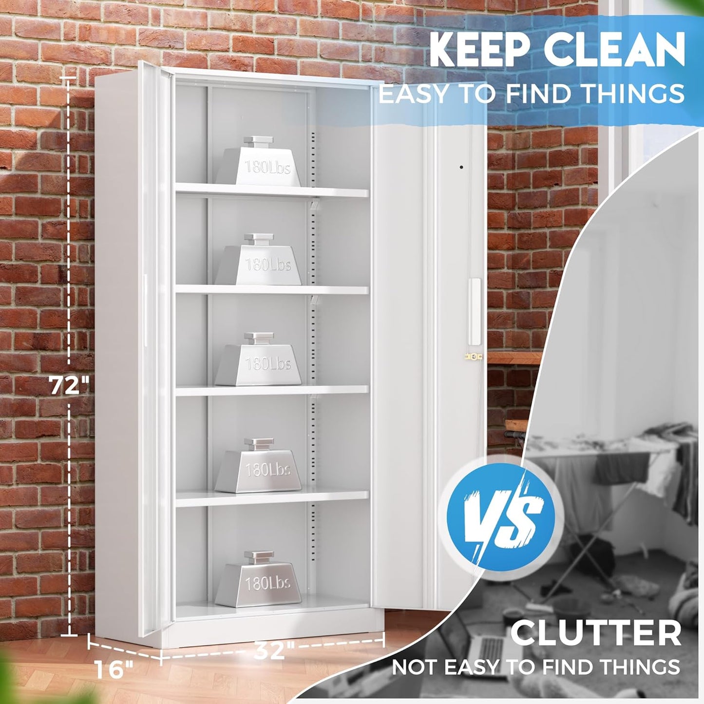 Greenvelly White Metal Storage Cabinet, 72" Steel Locking Cabinet with Doors and 4 Adjustable Shelves, Tall Tool Storage for Home Office, Metal Classroom Cabinet for Garage