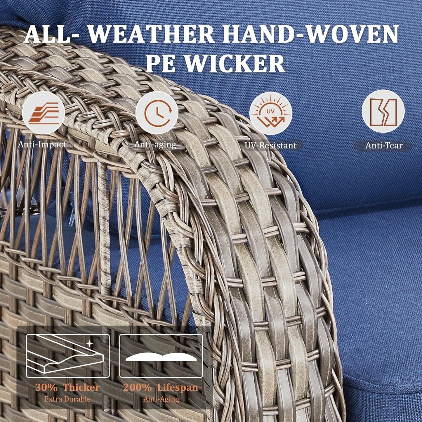 10 Pieces Patio Furniture Set Outdoor Sectional Sofa Couch with Rocking Swivel Chairs 5" Deep Seat Chairs, Modern Wicker Rattan Conversation Set, Blue/Gray Wicker