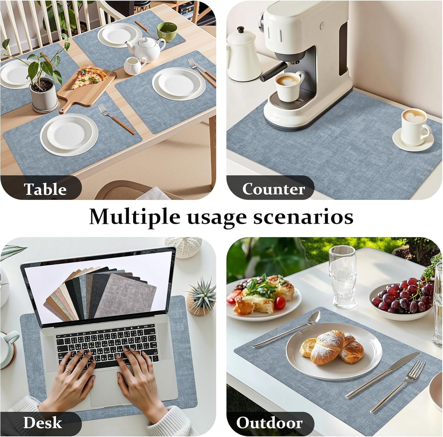 FROMHEART Faux Leather Placemats Set of 4–Waterproof,Heat/Oil Stain-Resistant PU Table Mat–Reversible,Non-Slip,Easy to Clean Place Mats for Kitchen,Dining,Indoor/Outdoor,(Light Blue,11.8" x 17")