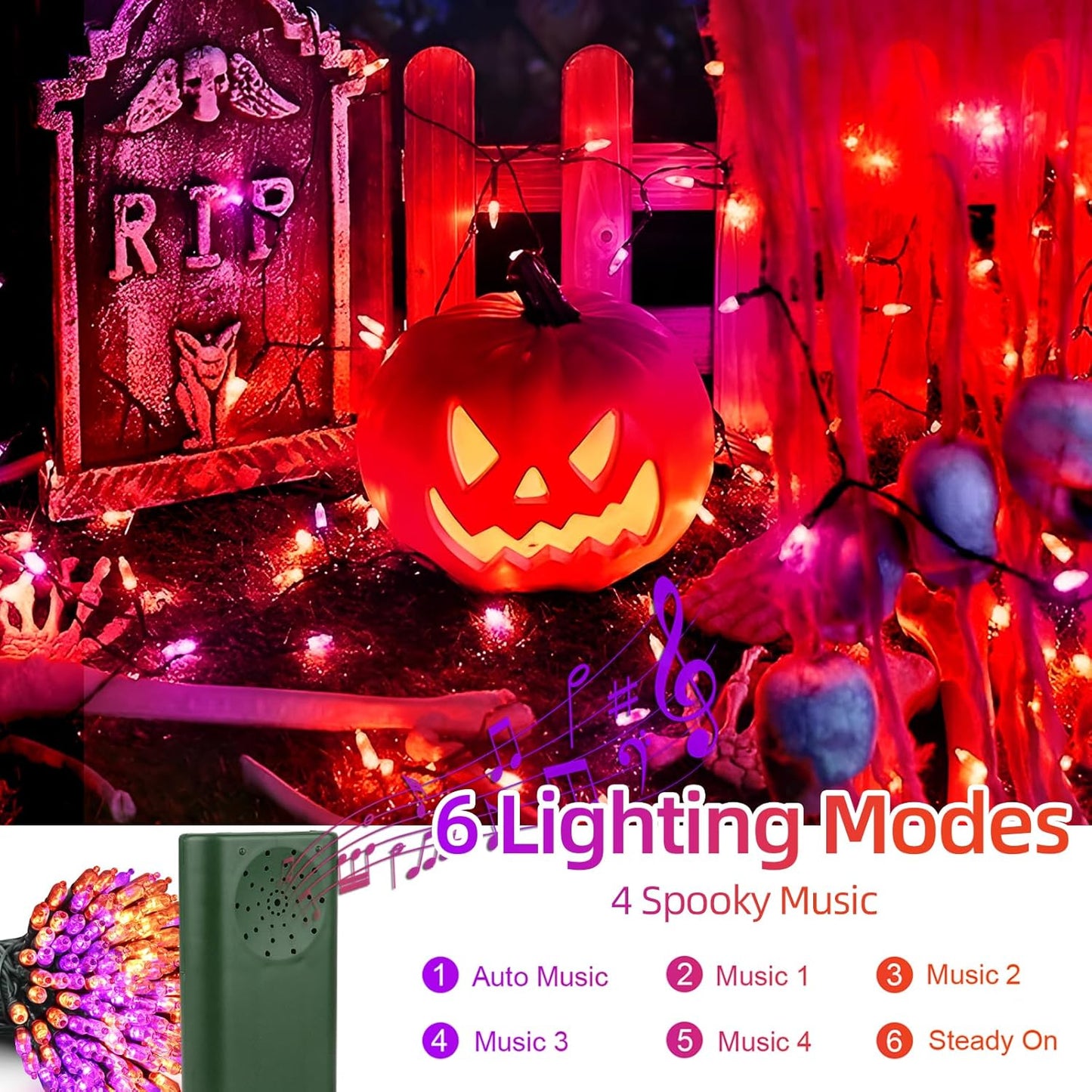 Halloween Lights 33ft 100 LED Battery String Lights with Motion Sensor Spooky Music or Battery Powered Orange & Purple 2 Colors in 1 Waterproof Halloween Outdoor Decor(Purple,Orange)