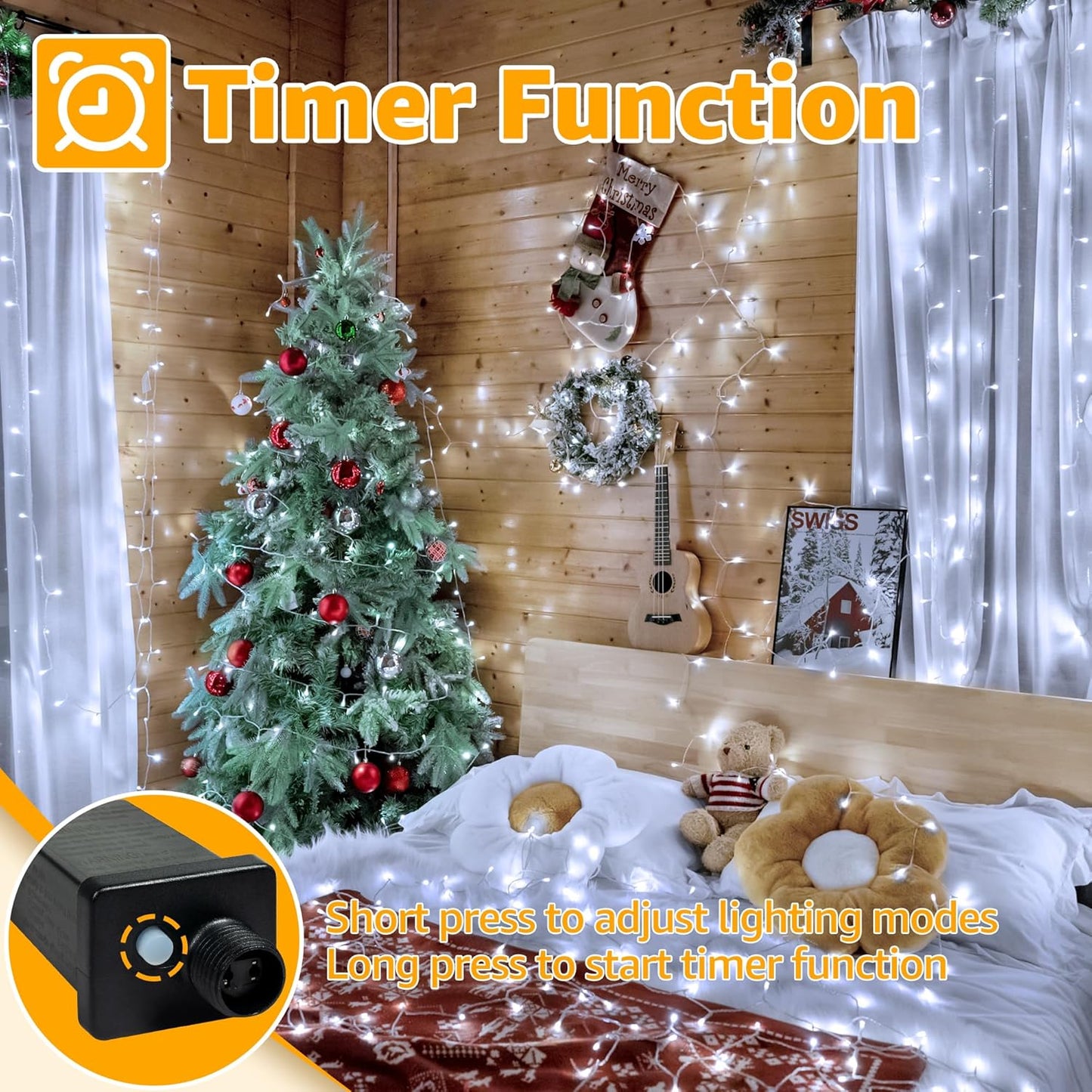 Ollny 120LED 40FT String Lights, Waterproof Connectable Christmas Lights with Timer 8 Modes, Cool White Plug in Fairy Light for Indoor Outdoor Bedroom Xmas Tree Holiday Party Decorations