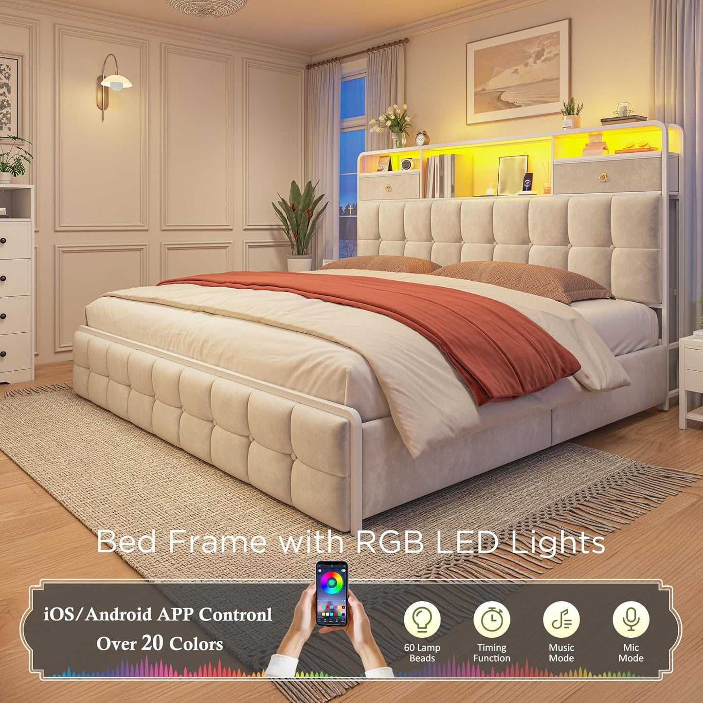 EnHomee King Size Bed Frame with Upholstered Headboard and 6 Storage Drawers,King Bed Frame with LED Lights and Charging Station,no Box Spring Needed,No Noise, Easy Assembly,Velvet,Sturdy,Soft,Beige