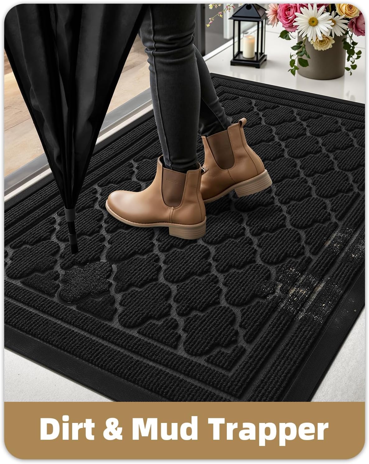 Color&Geometry Large Front Door Mat Outside Entrance, Heavy Duty Non Slip Low Profile Doormat for Entryway, Trap Dirt and Moisture Welcome Mats All-Weather, Easy Clean, Patio, Garage, 48"x72" Black