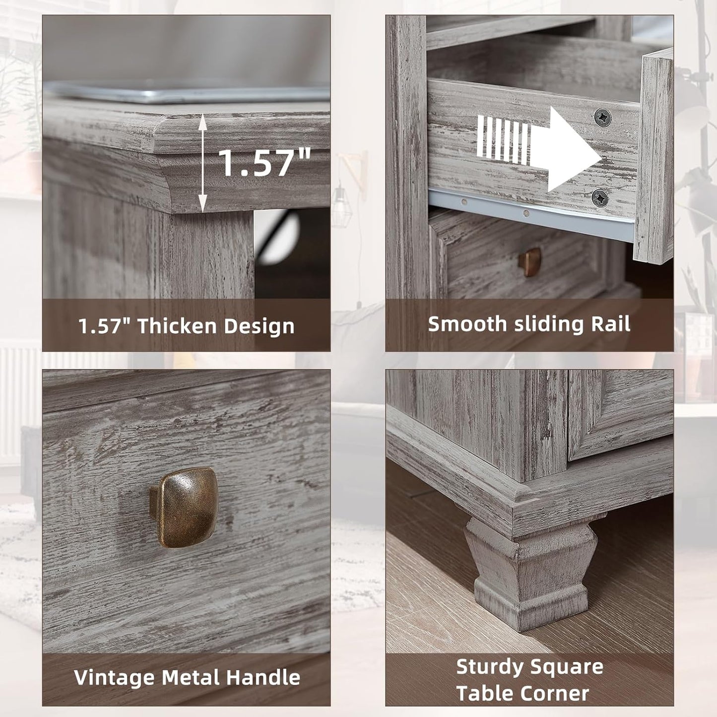 Farmhouse Nightstand with Charging Station, Rustic Grey Nightstand,2 Drawers End Table for Living Room,Bedside Table with Open Shelf for Bed Room,Grey