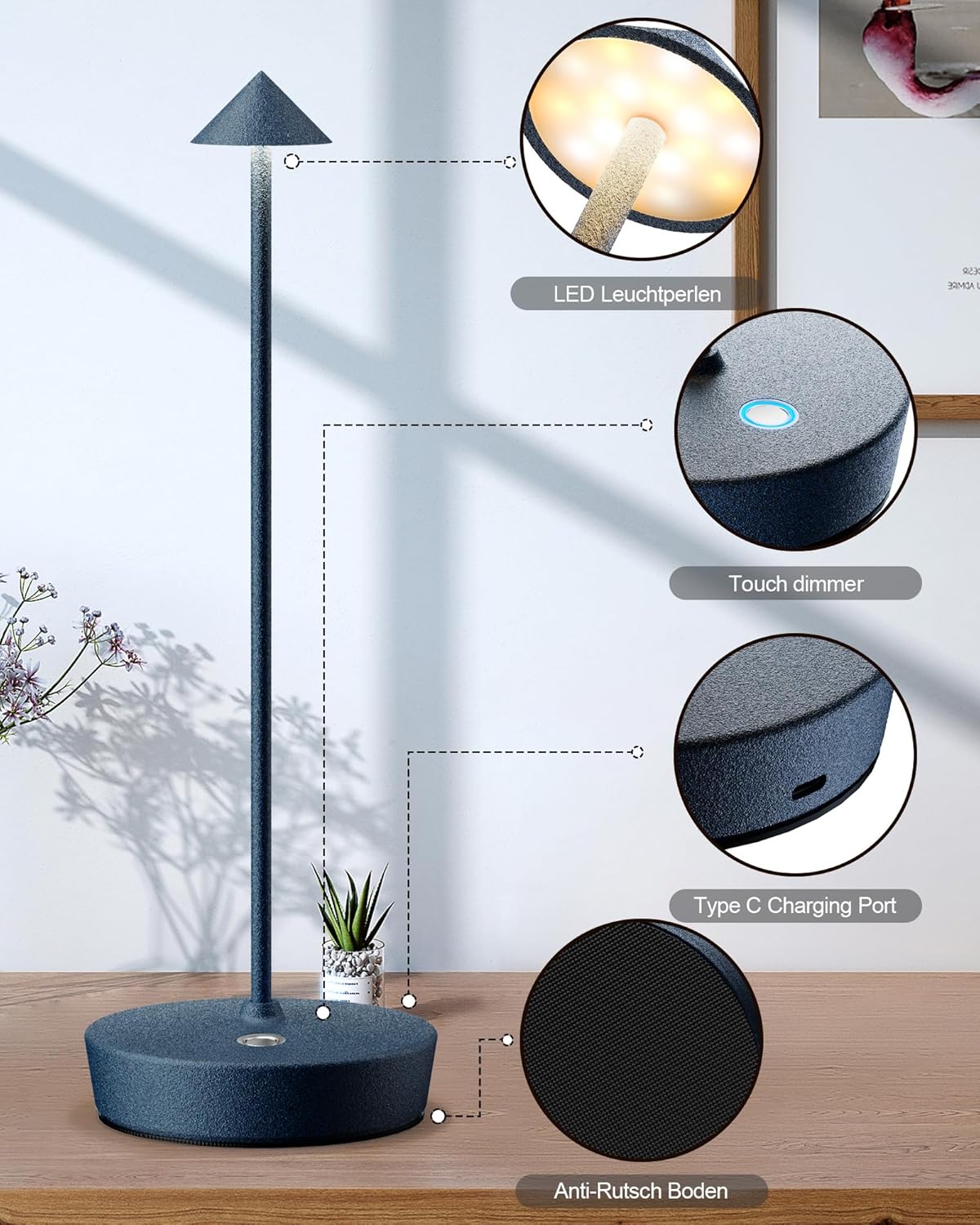 Cordless Table Lamps Rechargeable, 6000mAh Battery Operated LED Desk Lamp Outdoor Waterproof Portable Touch Dimmable Table Light for Patio Restaurant Dining Home Blue