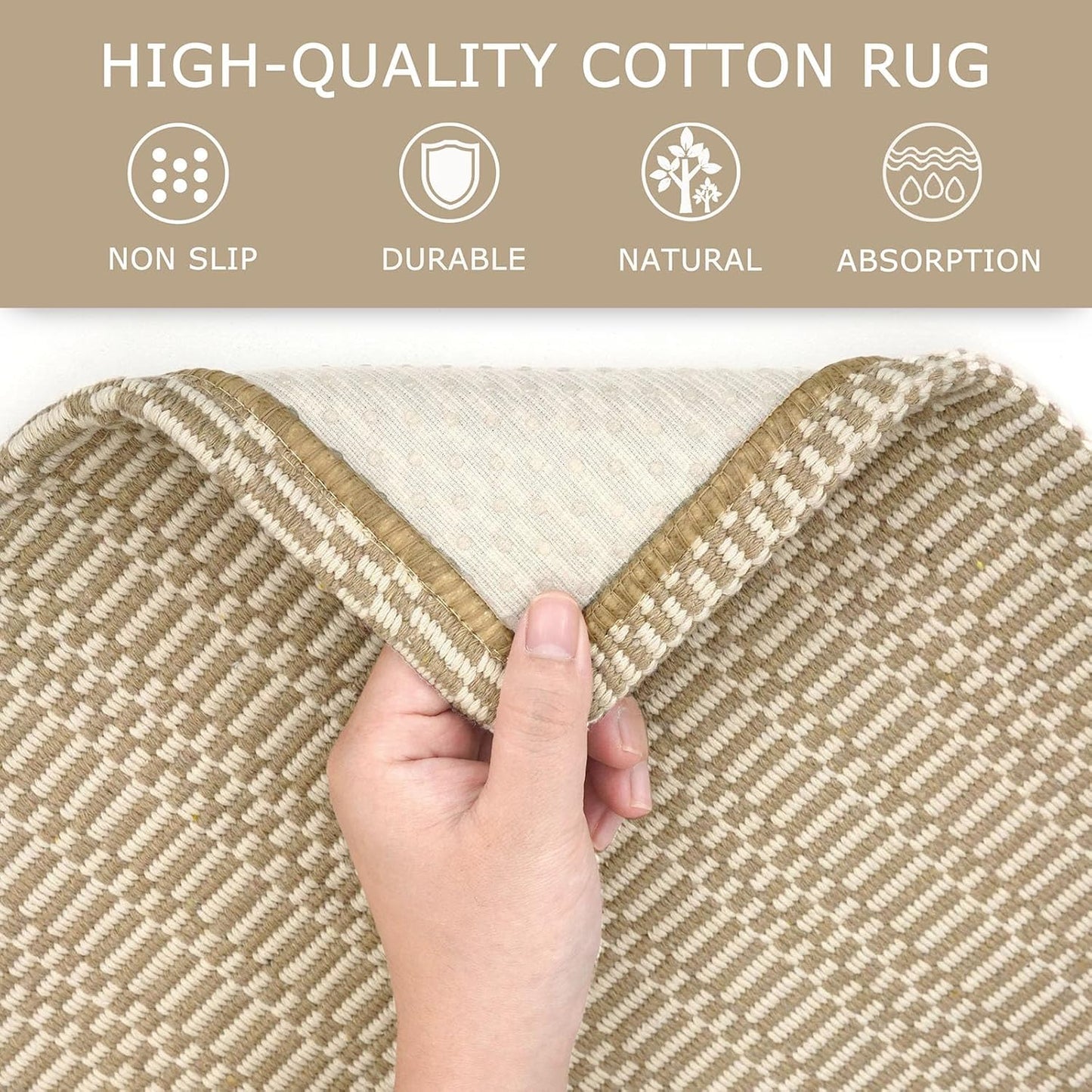 KOZYFLY Washable Runner Rug 2x6 Ft Runners for Hallways Non Slip Kitchen Runners Braided Cotton Entryway Runner Indoor, Carpet for Hallway Kitchen Entryway Bedroom, Sand/Ivory