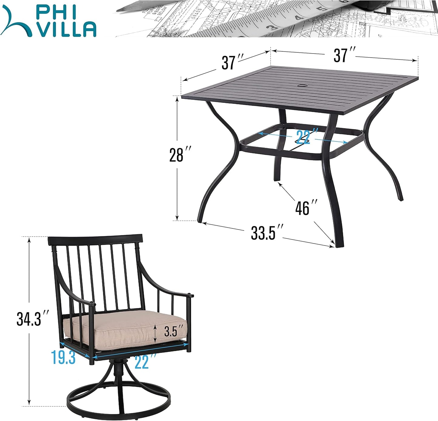 PHI VILLA 5 Pieces Outdoor Dining Set for 4, Square Black Wrought Iron Table with Umbrella Hole & Swivel Metal Chairs with Cushions, Modern Furniture for Patio, Deck, Yard, Porch
