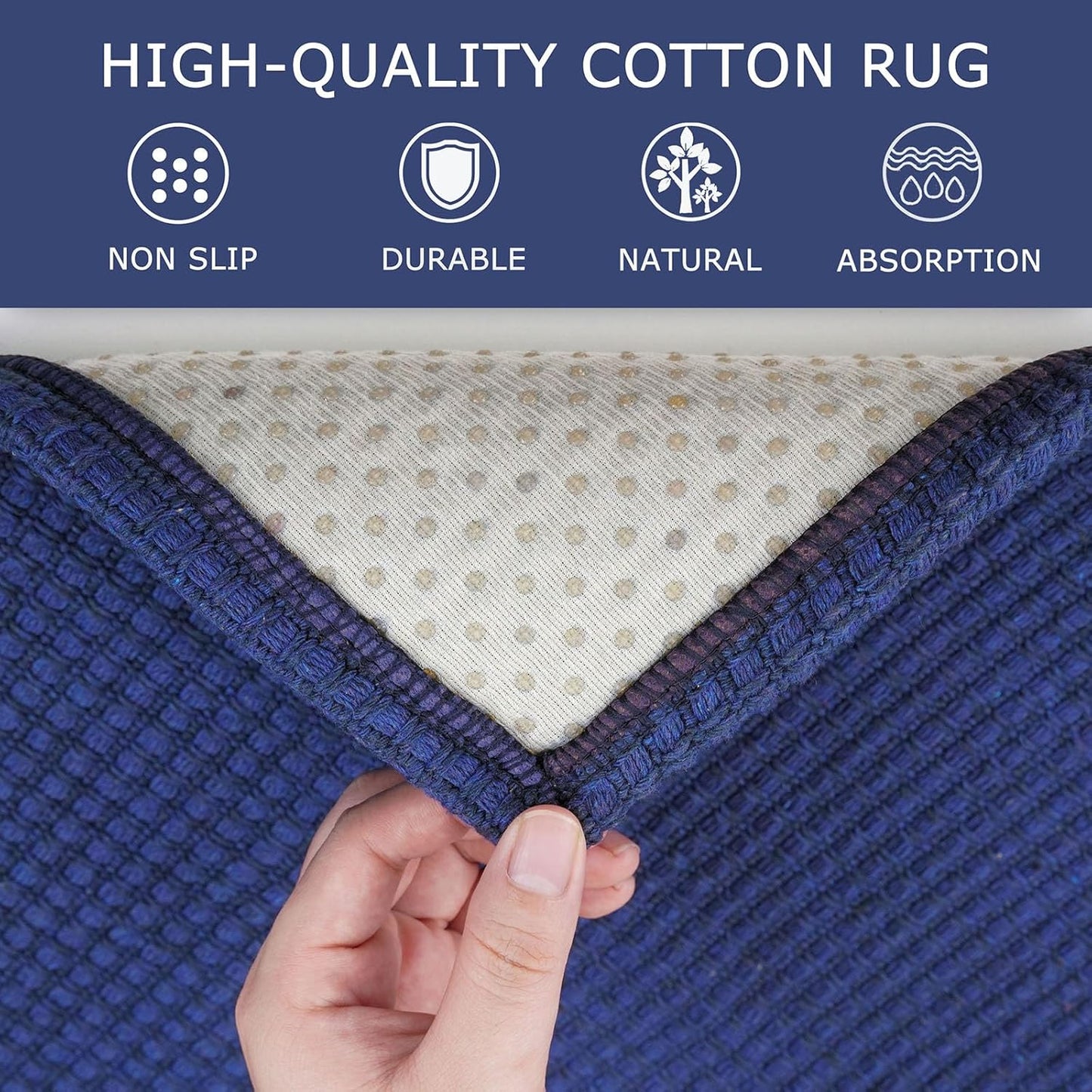 KOZYFLY Washable Area Rug 4x6 ft Non Slip Rubber Backed Living Room Rugs Braided Woven Cotton Kitchen Rugs Indoor Entryway Rug Floor Carpet for Dining Living Room Bedroom, Royal Blue/Navy