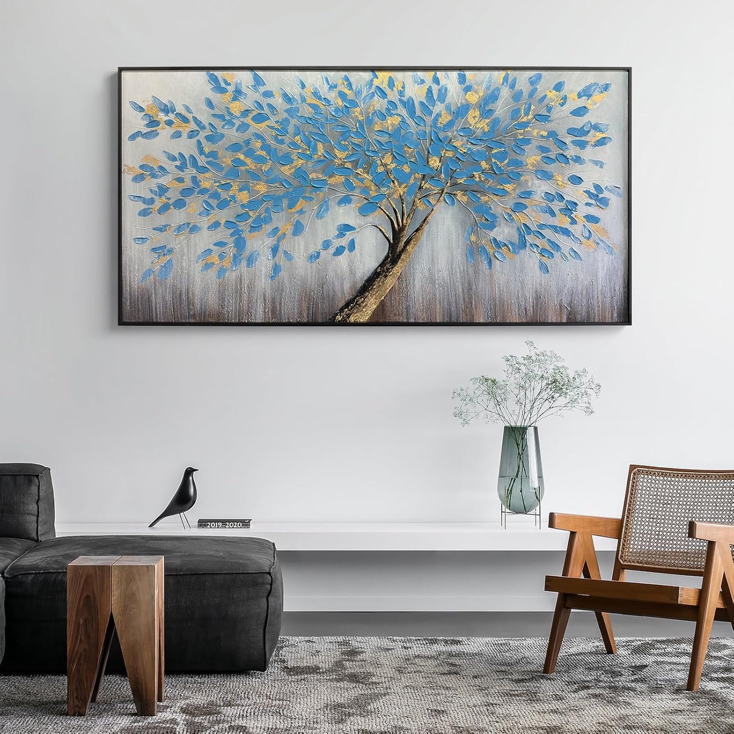 Tree of Life Large Abstract Vintage Blue Framed Canvas Wall Art, Modern Abstract Textured Painting, Large Framed Panoramic Landscape Artwork for Living Room, Bedroom, Office, Home Decor 60"x30"