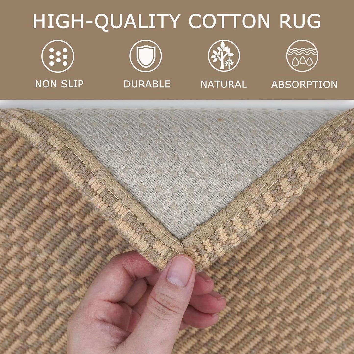 KOZYFLY Washable Entryway Rug 3x5 Ft Area Rugs Cotton Rubber Backed Throw Rugs Indoor Door Mat Kitchen Rugs Braided Floor Carpet for Front Entrance Bathroom Kitchen Living Room, Beige/Khaki