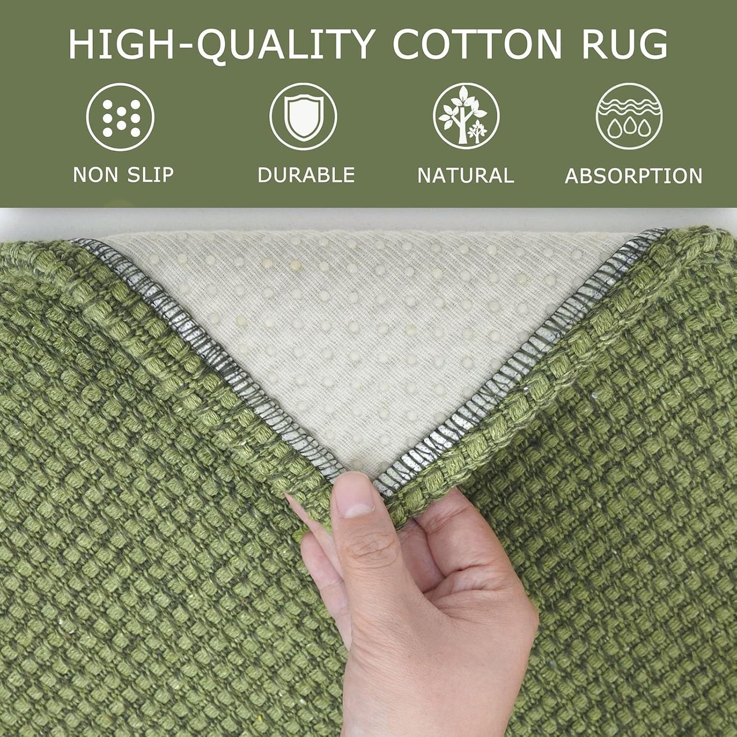 KOZYFLY Washable Area Rug 4x6 ft Non Slip Rubber Backed Living Room Rugs Braided Woven Cotton Kitchen Rugs Indoor Entryway Rug Floor Carpet for Dining Living Room Bedroom, Bright Green/Earthy Green