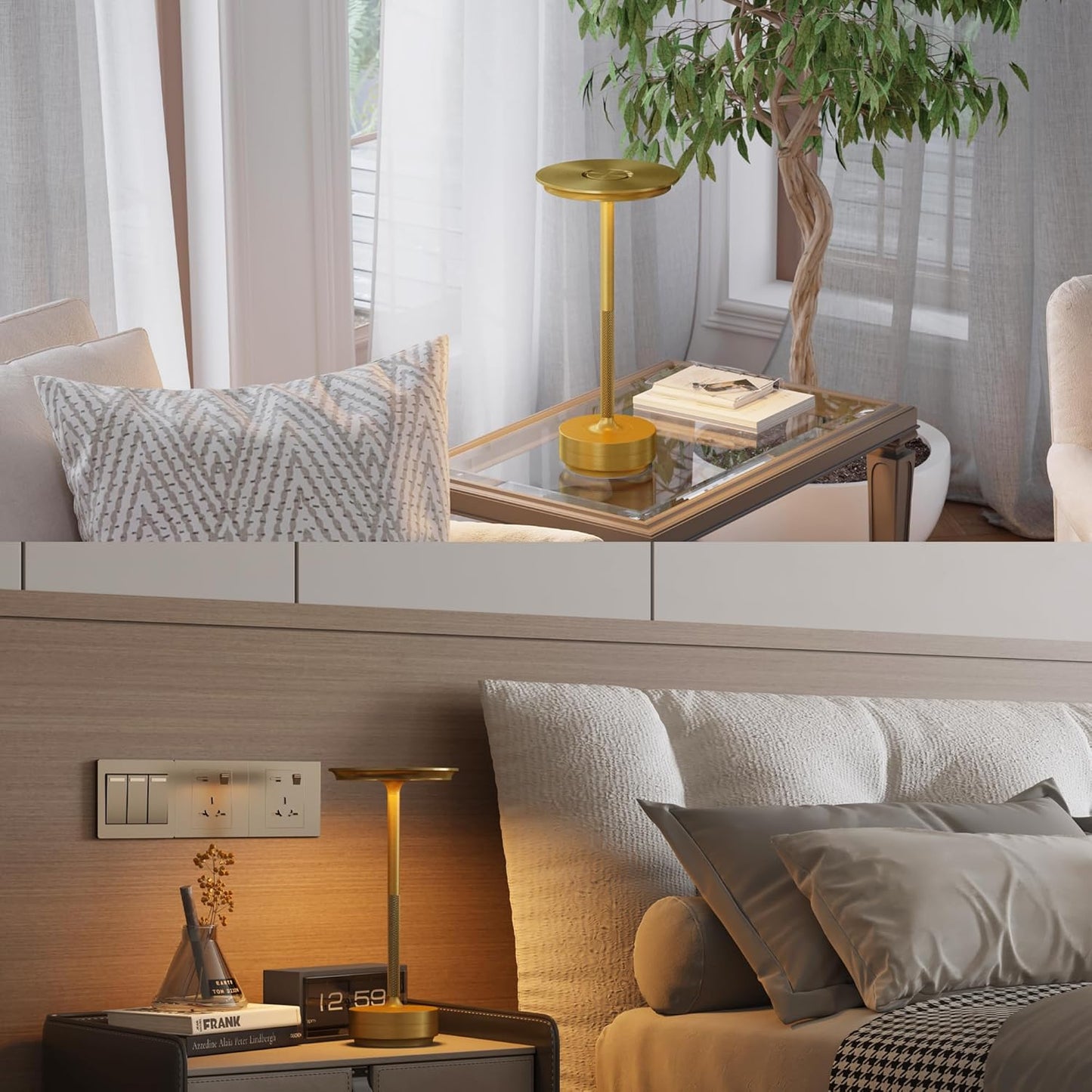 Cordless Table Lamp, LED Rechargeable Table Light with 3 Temp Settings, Stepless Dimming, 5000mAh Battery, USB-C, Memory, Aluminum Alloy, for Home, Patio, Restaurant, Outdoor. Gold