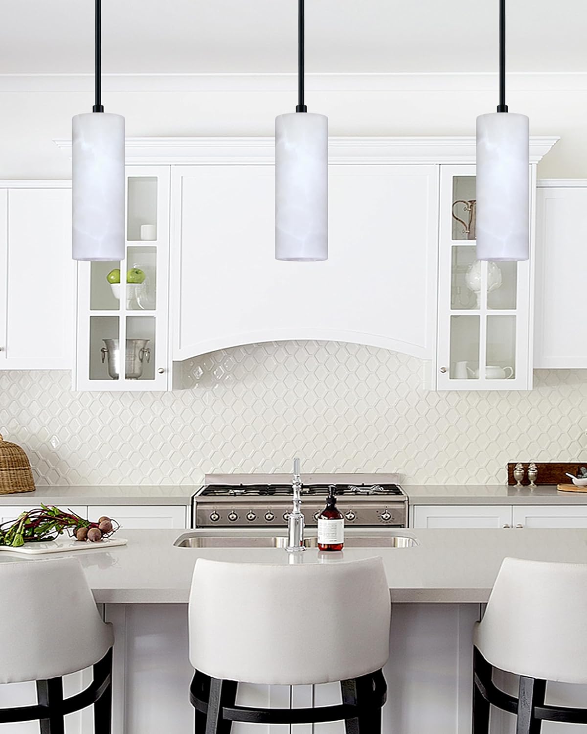 1 Light Modern Industrial Farmhouse Hanging Kitchen Island Pendant Ceiling Light Fixture,Cylinder Natural Alabaster Marble Black Finish Over Sink Restaurant bar Corridor