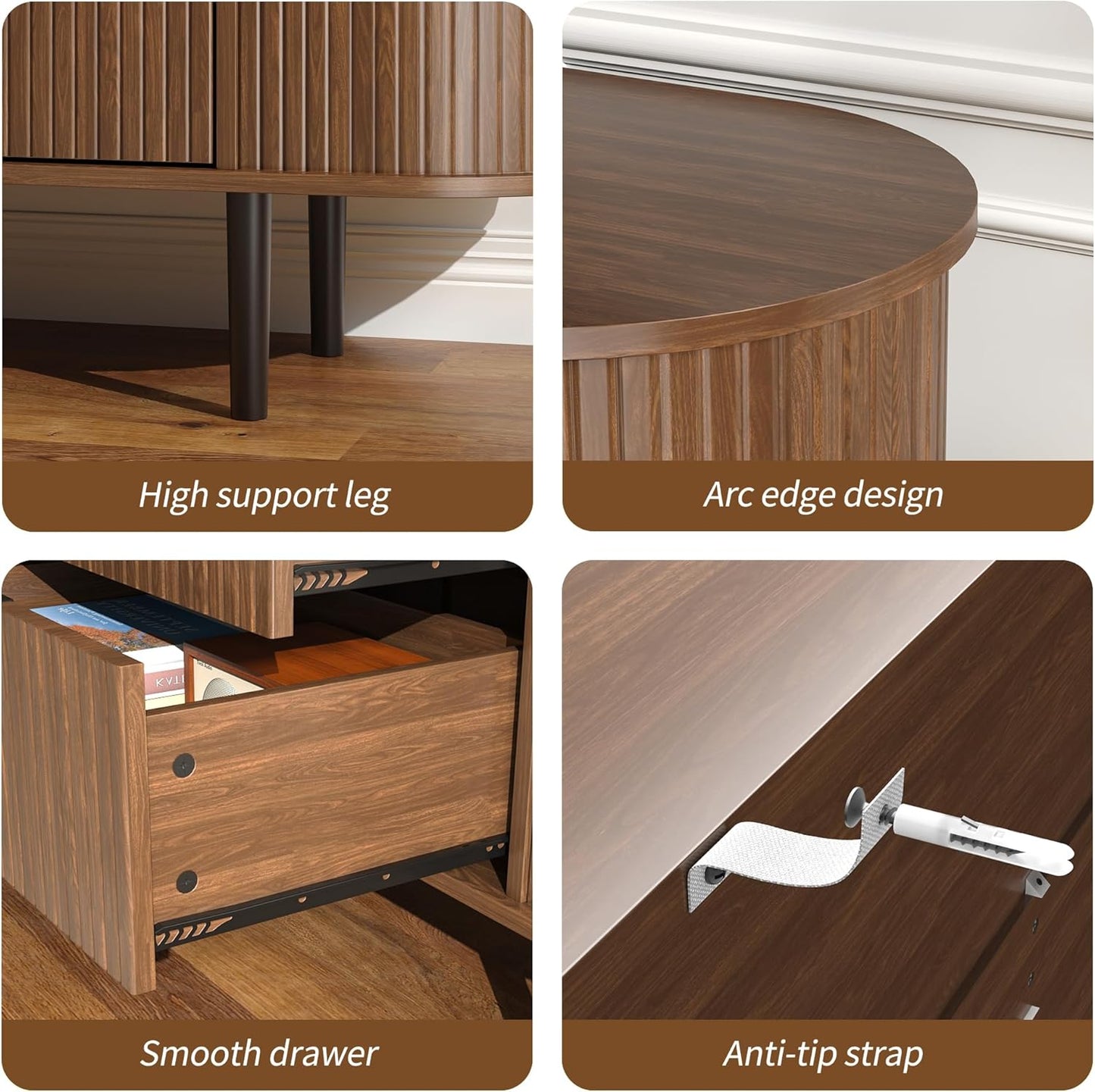 Modern Curved Fluted TV Stand for TVs up to 70 Inches, TV Console with Sliding Doors and Drawers, Credenza with Storage Cabinet for Living Room, 63 Inch, Brown