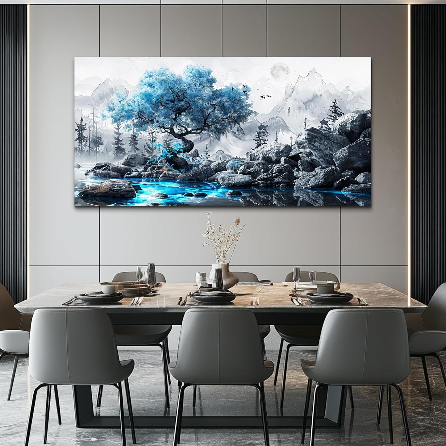 FUHUAHAI Canvas Wall Art For Living Room Framed Wall Decor For Bedroom Modern Office Decoration Black And White Ink Landscape Painting Blue Tree Wall Pictures Artwork Ready To Hang Home Decor 20x40