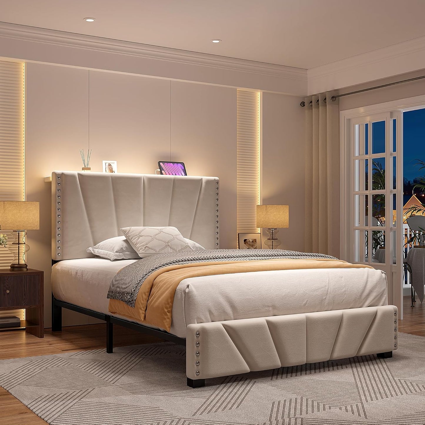 EnHomee Twin Bed Frame, Velvet Bed Frame with Headboard and Led Light, Platform Bed Frame for Bedroom Apartment, Dorm, Noise-Free, Easy Assembly, Beige