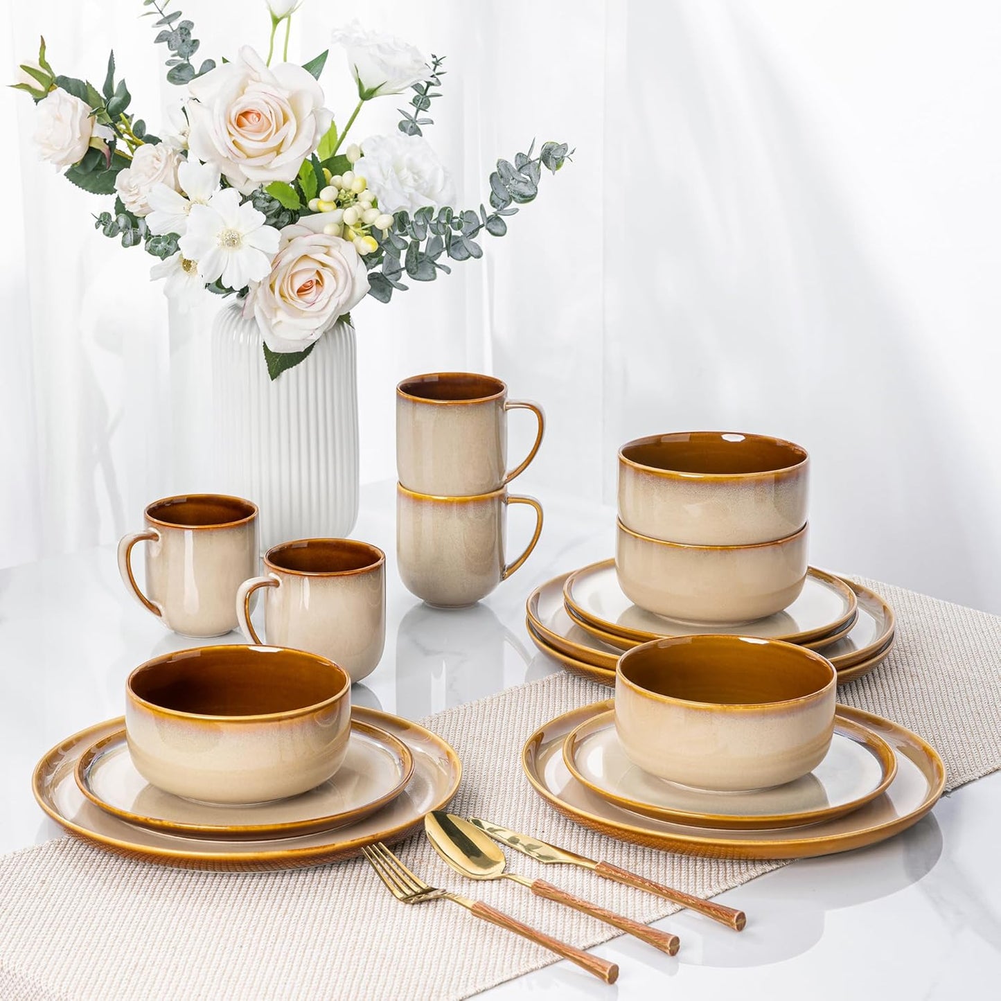 LeRatio Ceramic Dinnerware Sets for 6,Poreclain Plates and Bowls Sets,Handmade Reactive Glaze Dishes Set,Chip Resistant and Scratch Resistant | Oven&Dishwasher & Microwave Safe)-Kahki(18PCS)