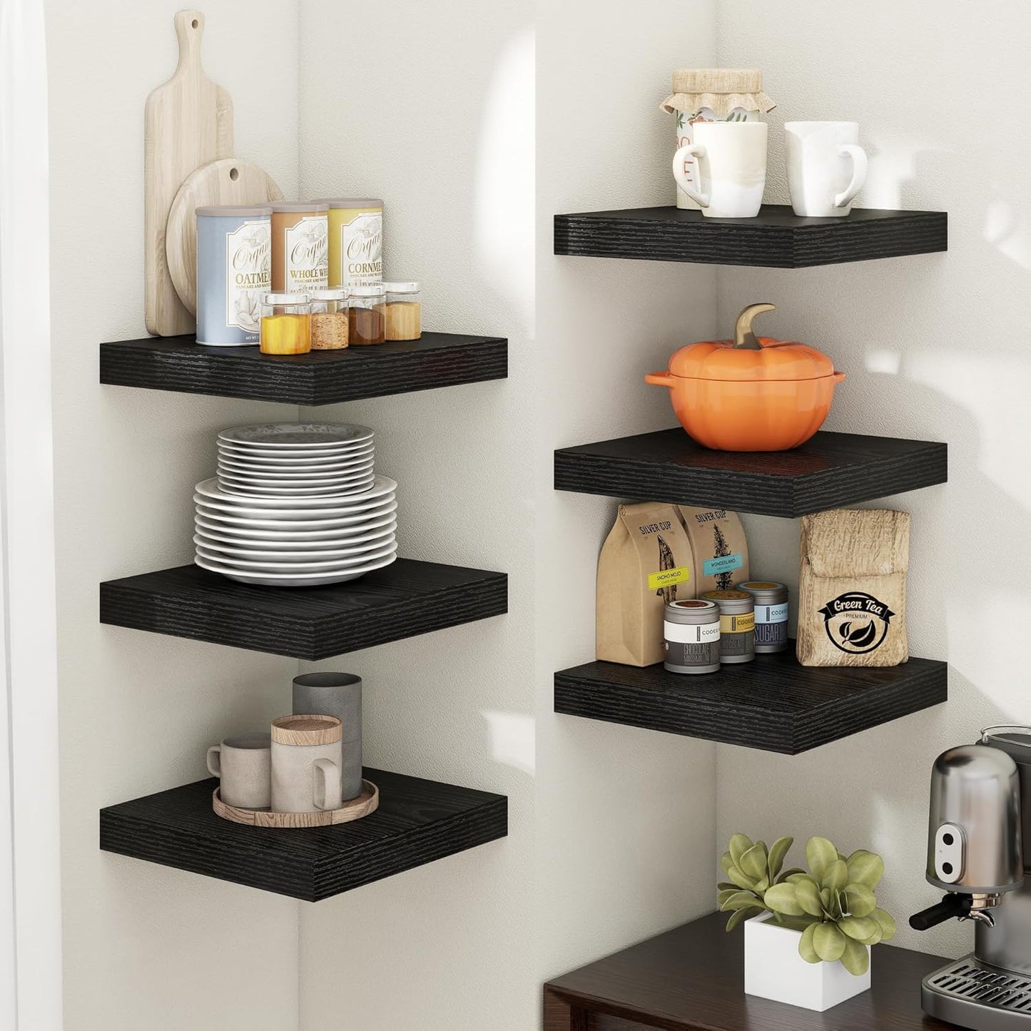 Floating Shelves for Wall with Invisible Brackets, Wall Mounted Engineered Wood Shelves with Wood Grain for Living Room, Bedroom, Bathroom, Kitchen Decor and Storage, Oak, 12"L Set of 3, Black