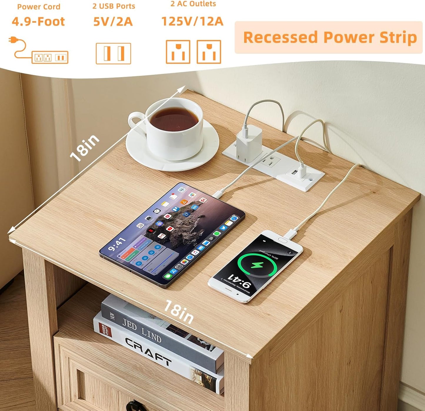 18" Farmhouse Night Stands Set of 2 with Charging Station, 2 Drawers Bedside End Table, Natural Wooden Nightstand, Bed Side Table Cabinet with Open Shelf for Bedroom Living Room Office