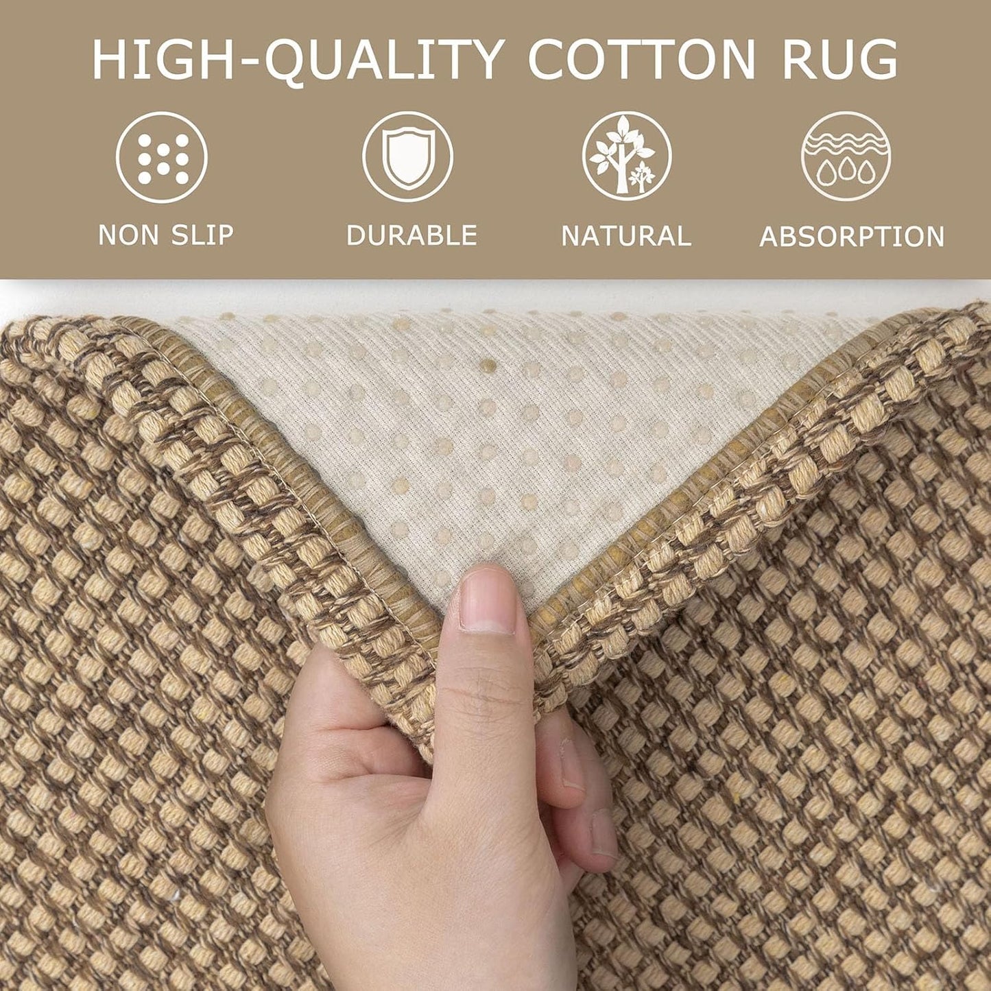 KOZYFLY Washable Area Rug 6x9 ft Rubber Backed Non Slip Rugs for Living Room Braided Cotton Bedroom Rug Woven Office Rugs Indoor Floor Carpets for Dining Bedroom Living Room, Tan/Orange/Brown