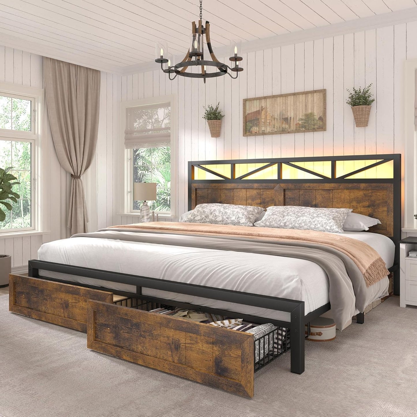 EnHomee Farmhouse King Size Bed Frame with 2 Storage Drawers & LED, Metal King Bed Frame Built in Charging Station,NO Noise,No Box Spring Needed,Brown