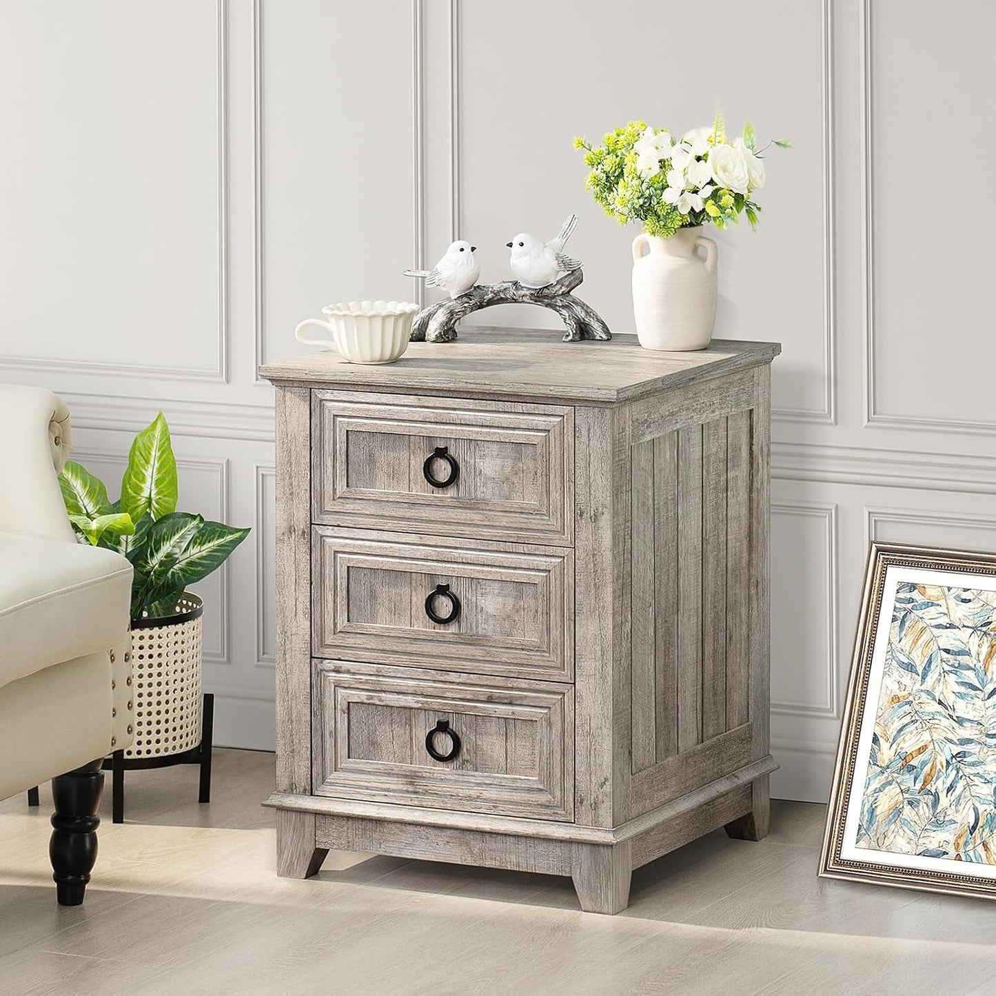 18" Farmhouse Night Stand with 3 Drawers, Wood End Table Dresser for Bedroom, Retro Oak Nightstand, Bed Side Table with Metal Handle, Bedside Cabinet for Bedroom Living Room, Closet