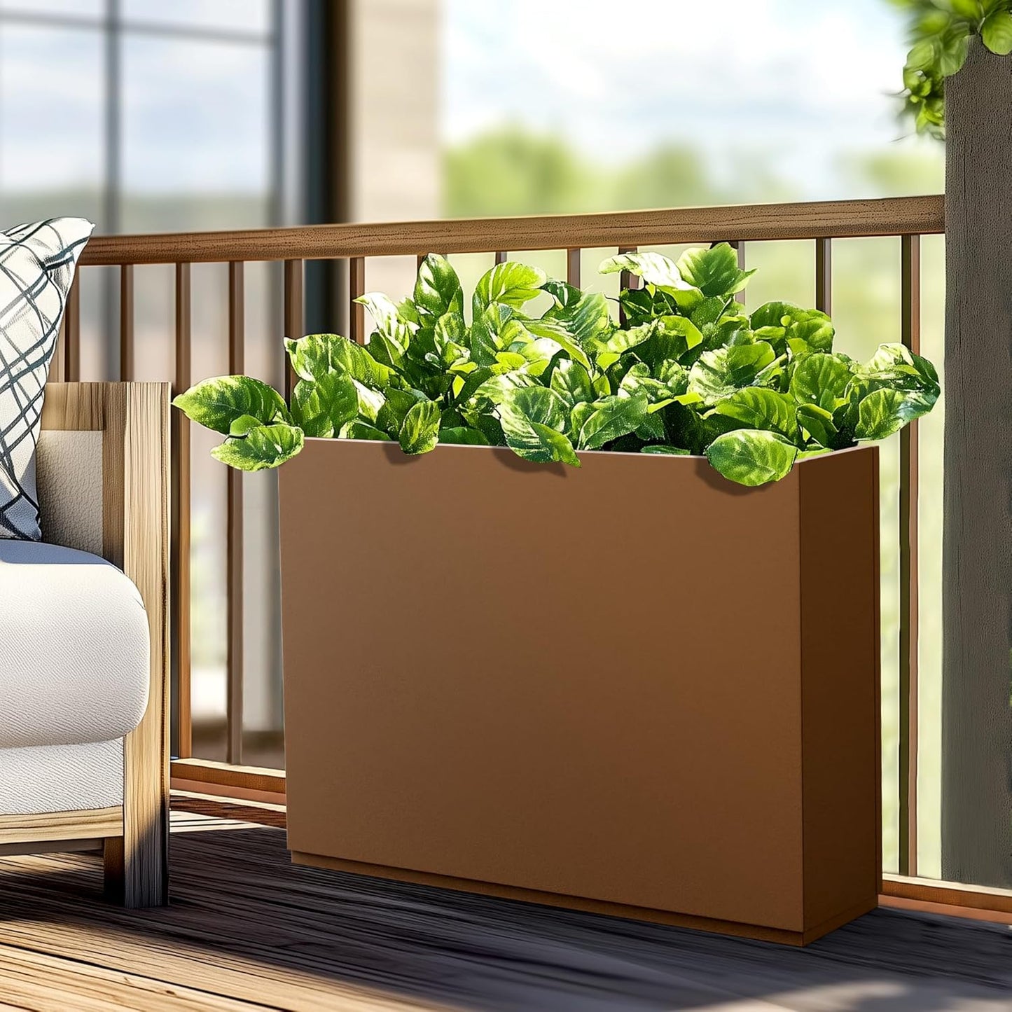 Large Rectangle Planter Metal Brown Planter Box with a Drainage Hole and a Removable Divider Indoor Outdoor Porch Pots for Tall Plants, Trees, Flowers 35.43" x 9.06" x 25.59" Brown