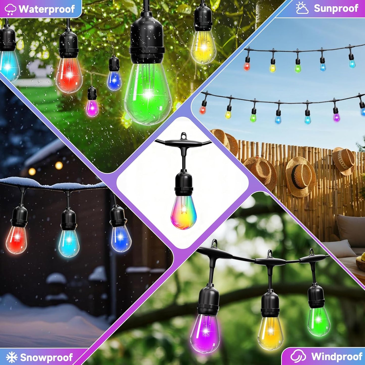 RGB Safety String Lights 200FT - Commercial Grade Low Voltage Strand with 80 S14 Shatterproof Bulbs for Tree Garden Yard bistro Cafe | RGB Party Lights & Outdoor Lights | IP65 Waterproof | UL Listed