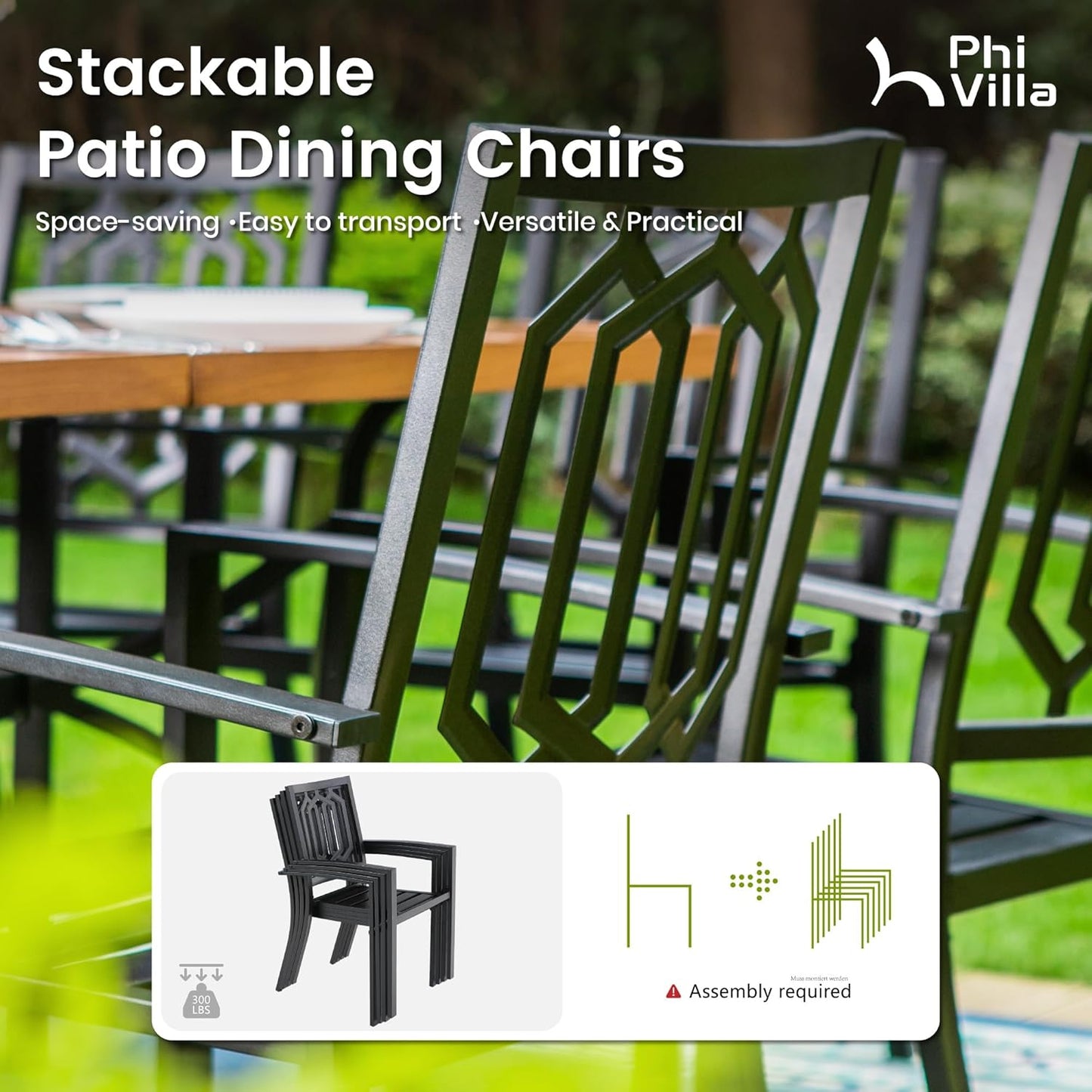 PHI VILLA 9 Pieces Outdoor Dining Set for 8, Expandable Wood-Like Metal Table & Wrought Iron Stacking Chairs, Large Long Dining Furniture for Patio, Deck, Backyard, Porch