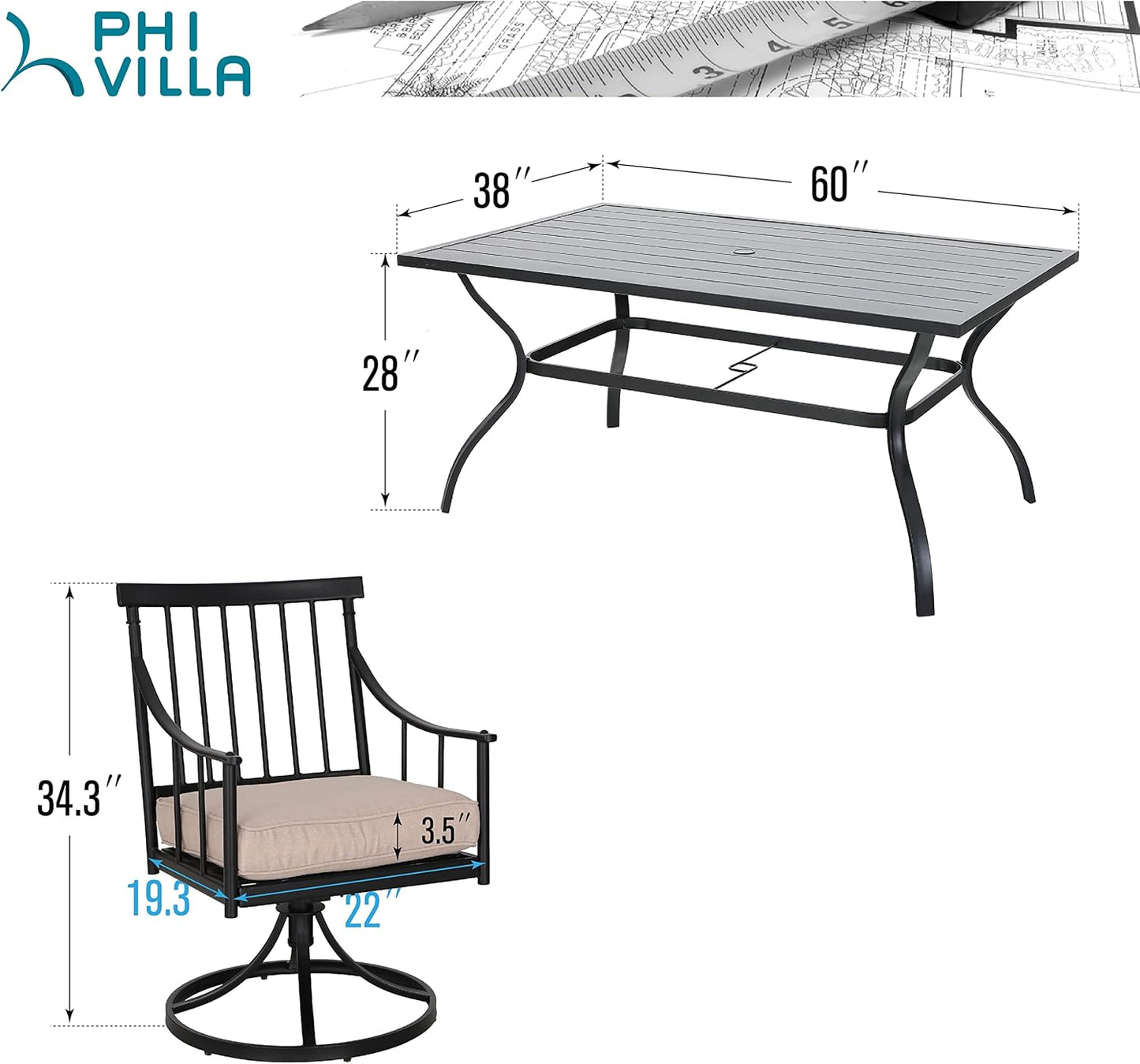PHI VILLA 7 Pieces Outdoor Dining Set for 6, 60" Rectangle Black Steel Table with Umbrella Hole & Swivel Metal Iron Chairs with Cushions, Modern Furniture for Patio, Deck, Yard, Porch