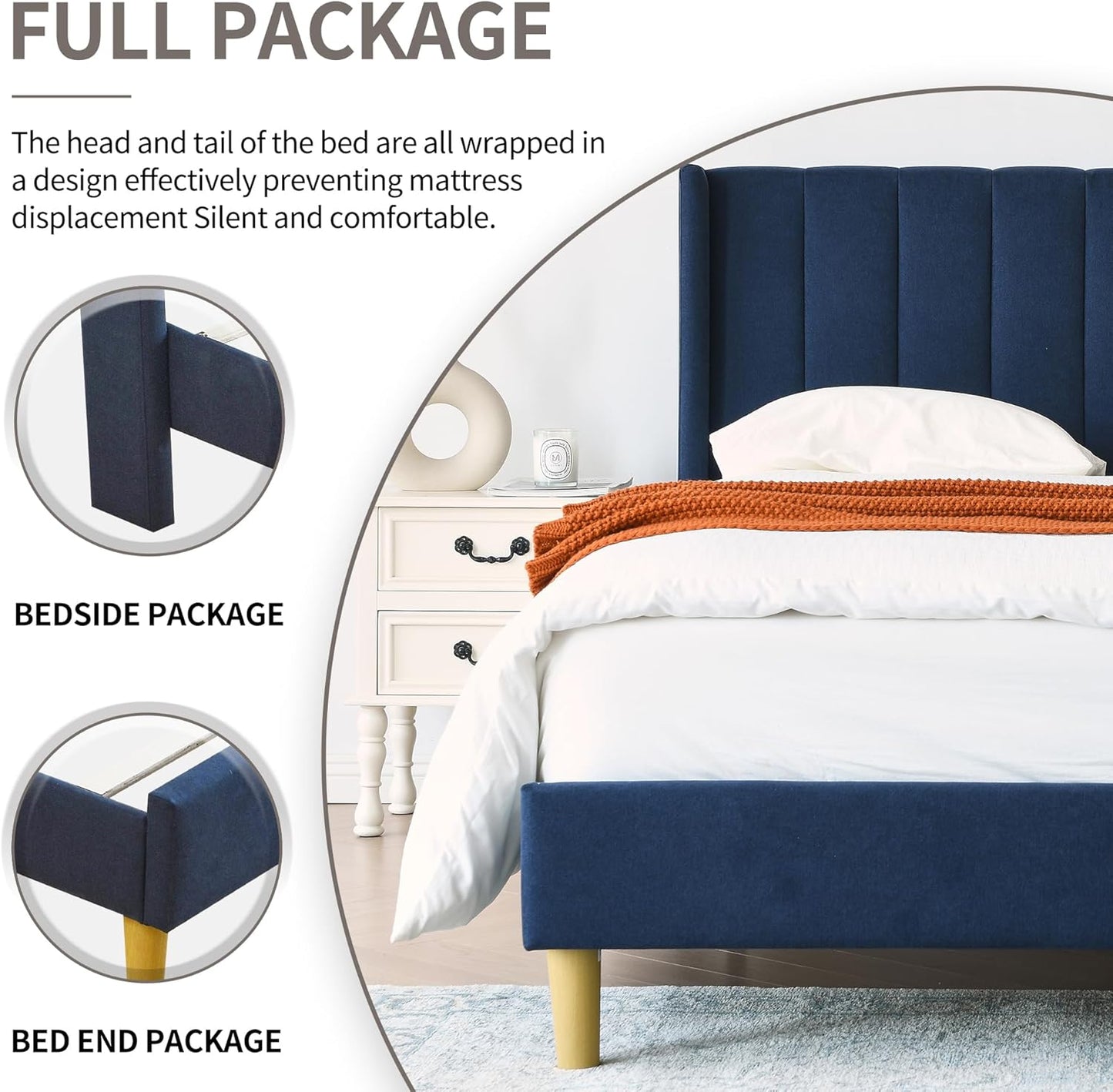 YUHUASHI upholstered Platform Bed Frame/Full Bed Frame/Modern Geometric Double-Wing Design headboard/Linen Fabric/Easy to Assemble no Noise (Navy Blue, Full)