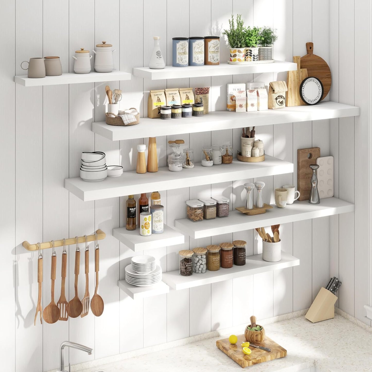 Floating Shelves for Wall with Invisible Brackets, Wall Mounted Engineered Wood Shelves with Wood Grain for Living Room, Bedroom, Bathroom, Kitchen Decor and Storage, Oak, 71"L Set of 2, White