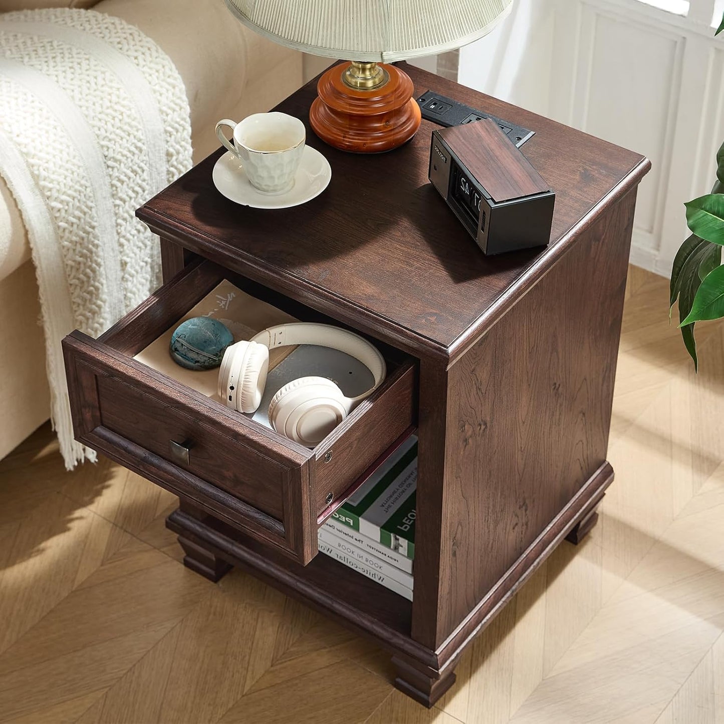 Farmhouse End Tables Living Room Set of 2, Rustic Wood Nightstand with 1 Drawer, Brown Bedside Table with Open Shelf for Bed Room, Side Tables for Living Room, Walnut